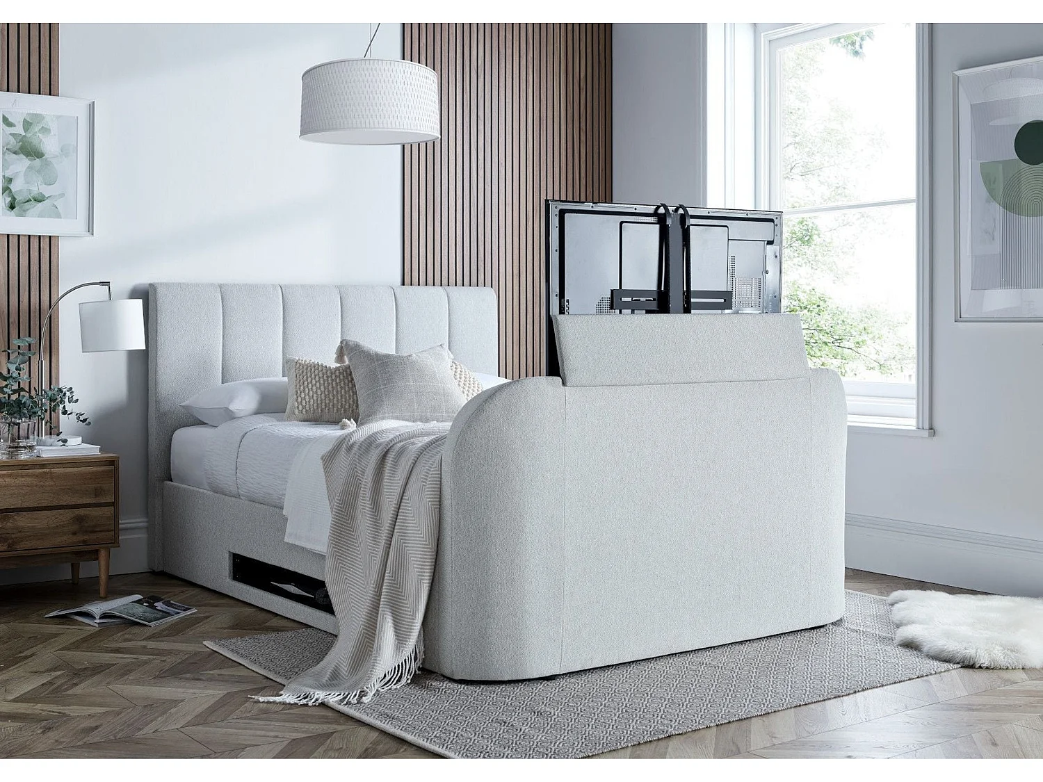 Upholstered Storage bed - 135 x 190 cm Ottoman Bed Integrated TV Feature With Ottoman Storage in Cream