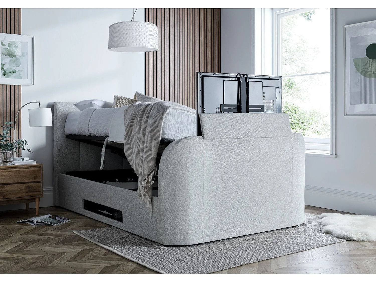 Upholstered Storage bed - 135 x 190 cm Ottoman Bed Integrated TV Feature With Ottoman Storage in Cream