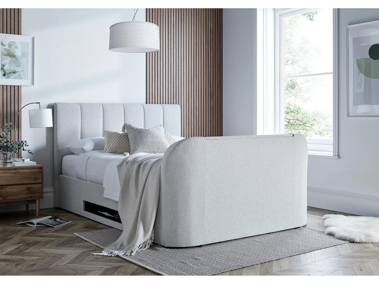 Upholstered Storage bed - 135 x 190 cm Ottoman Bed Integrated TV Feature With Ottoman Storage in Cream