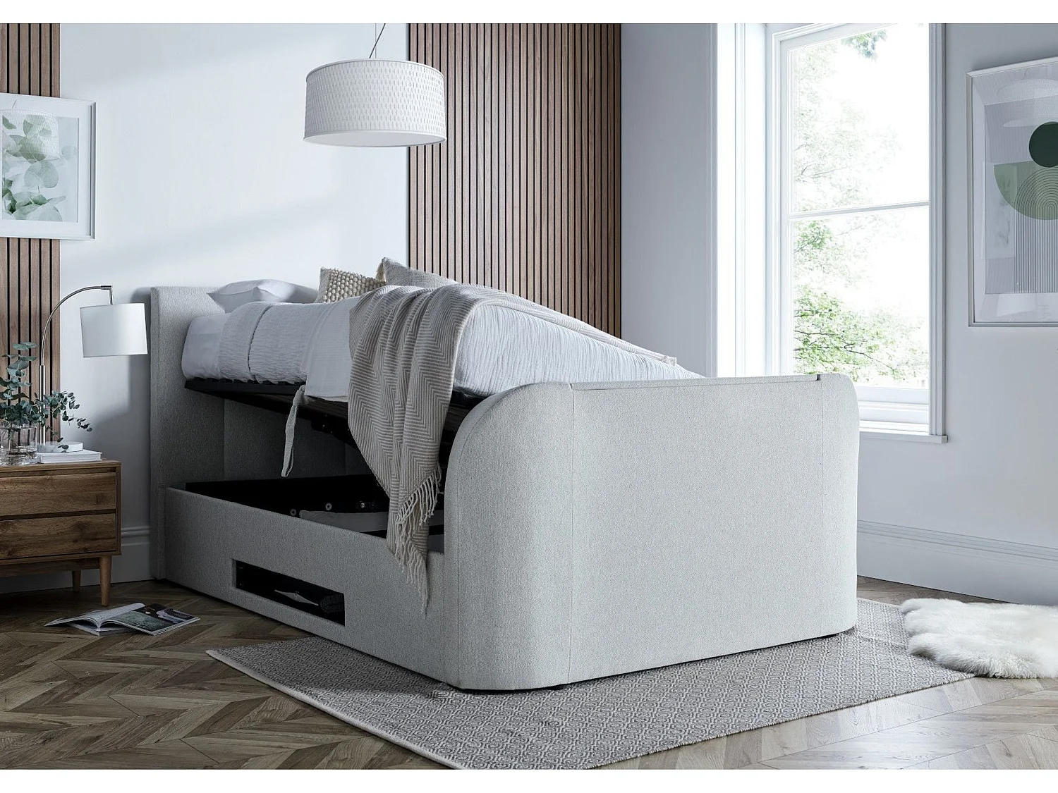 Upholstered Storage bed - 135 x 190 cm Ottoman Bed Integrated TV Feature With Ottoman Storage in Cream
