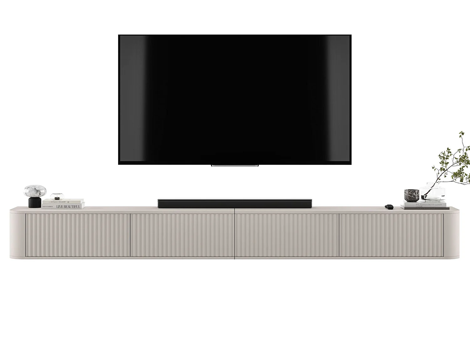 Hängendes TV-Lowboard mit 4 Türen, Fronten mit Reliefstruktur, Mattbeige, 280 cm - AURORA
