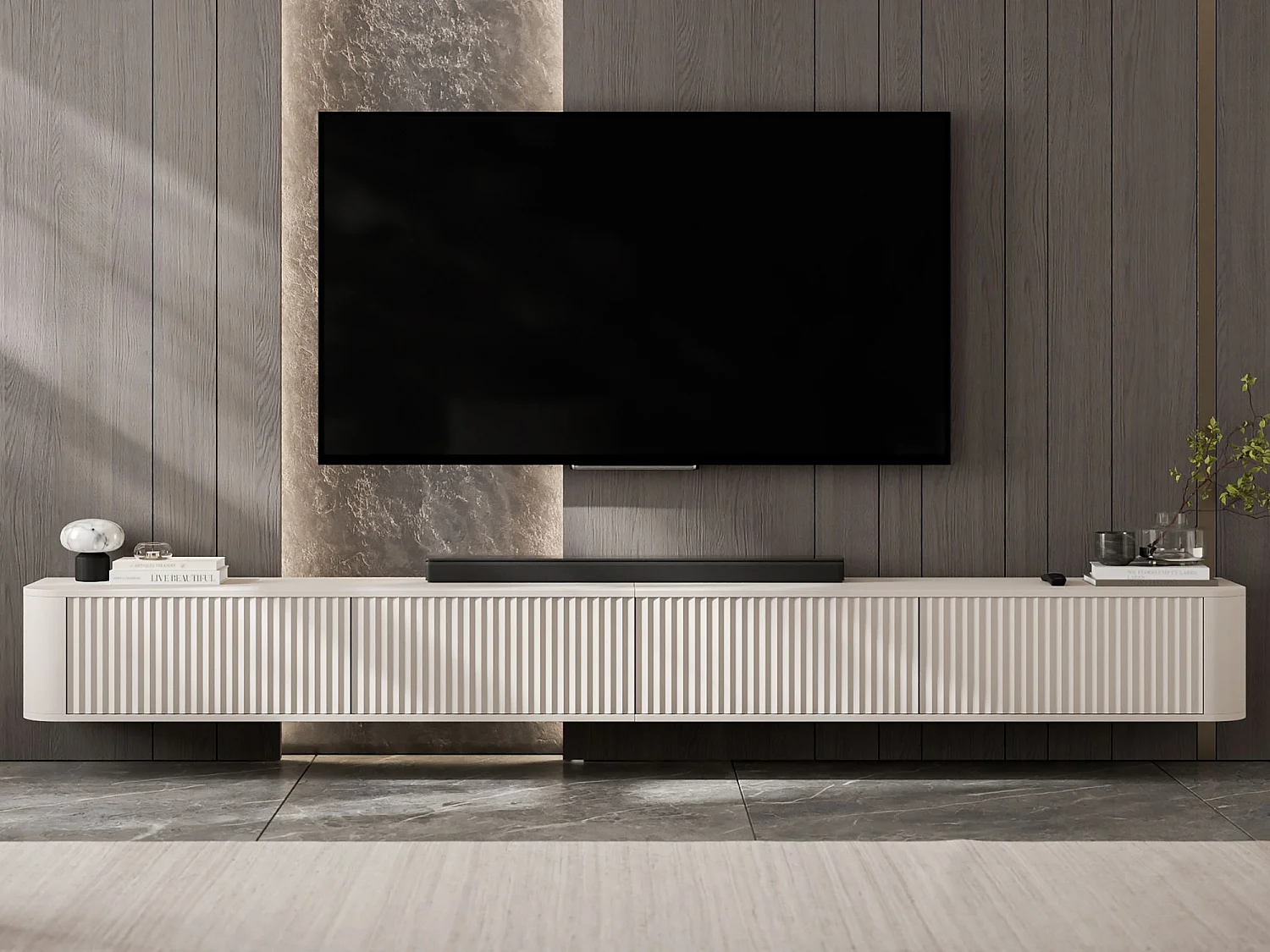 Hängendes TV-Lowboard mit 4 Türen, Fronten mit Reliefstruktur, Mattbeige, 280 cm - AURORA