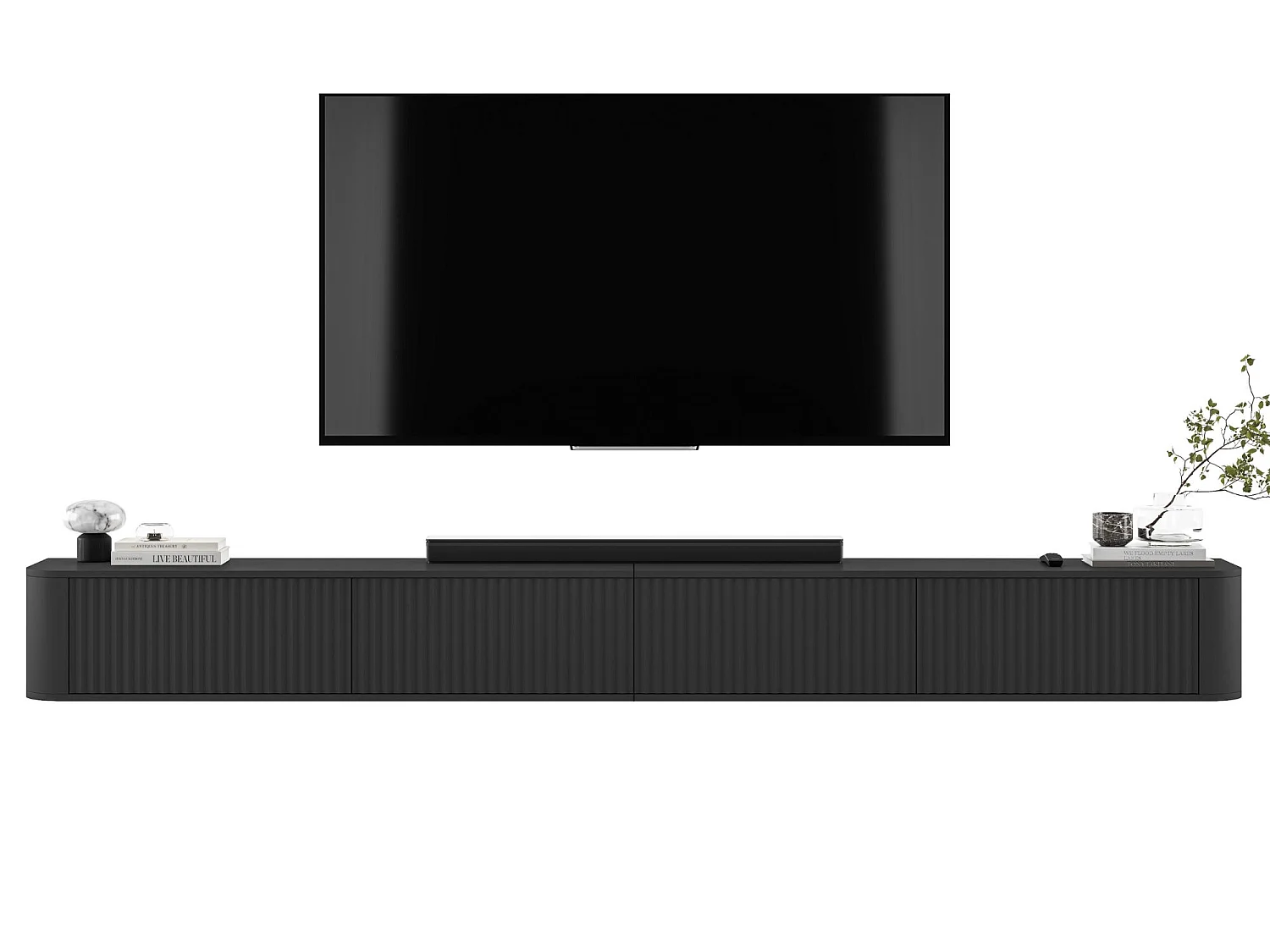 Hängendes TV-Lowboard mit 4 Türen, Fronten mit Reliefstruktur, Mattschwarz, 280 cm - AURORA
