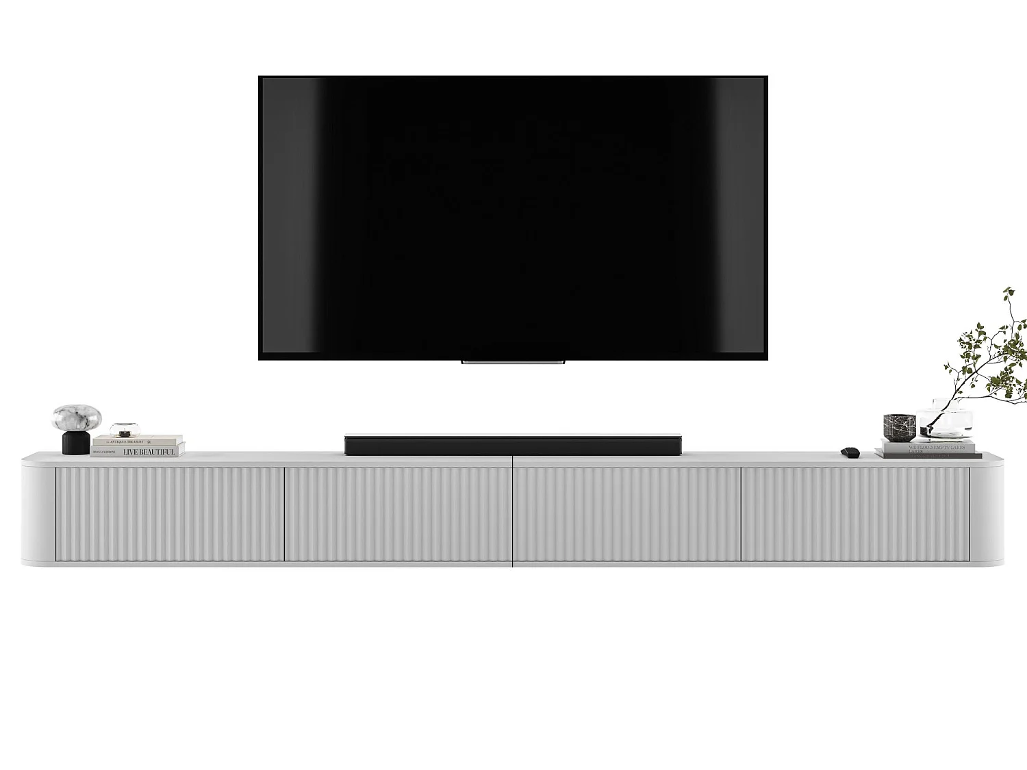Hängendes TV-Lowboard mit 4 Türen, Fronten mit Reliefstruktur, Mattweiß, 280 cm - AURORA