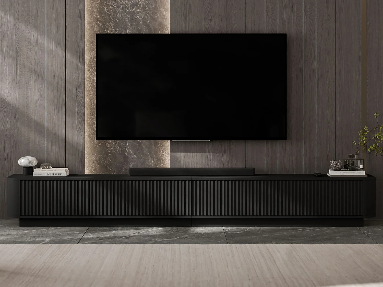 Mobile TV a 4 ante, frontali con rilievo, nero opaco, su zoccolo, 280 cm - AURORA