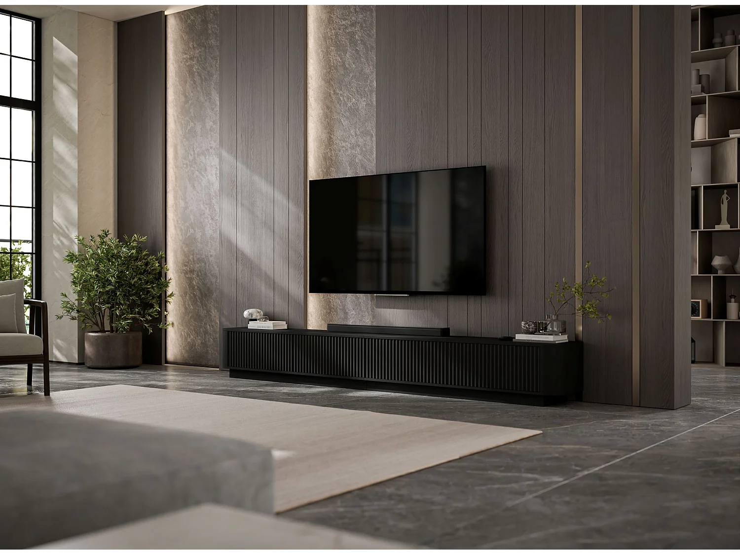 Mobile TV a 4 ante, frontali con rilievo, nero opaco, su zoccolo, 280 cm - AURORA