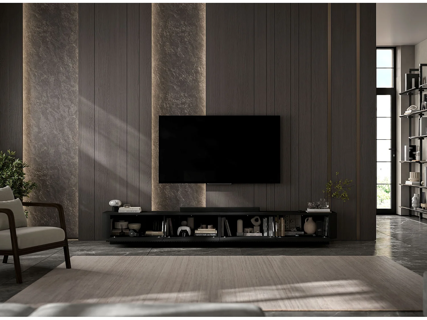 Mobile TV a 4 ante, frontali con rilievo, nero opaco, su zoccolo, 280 cm - AURORA