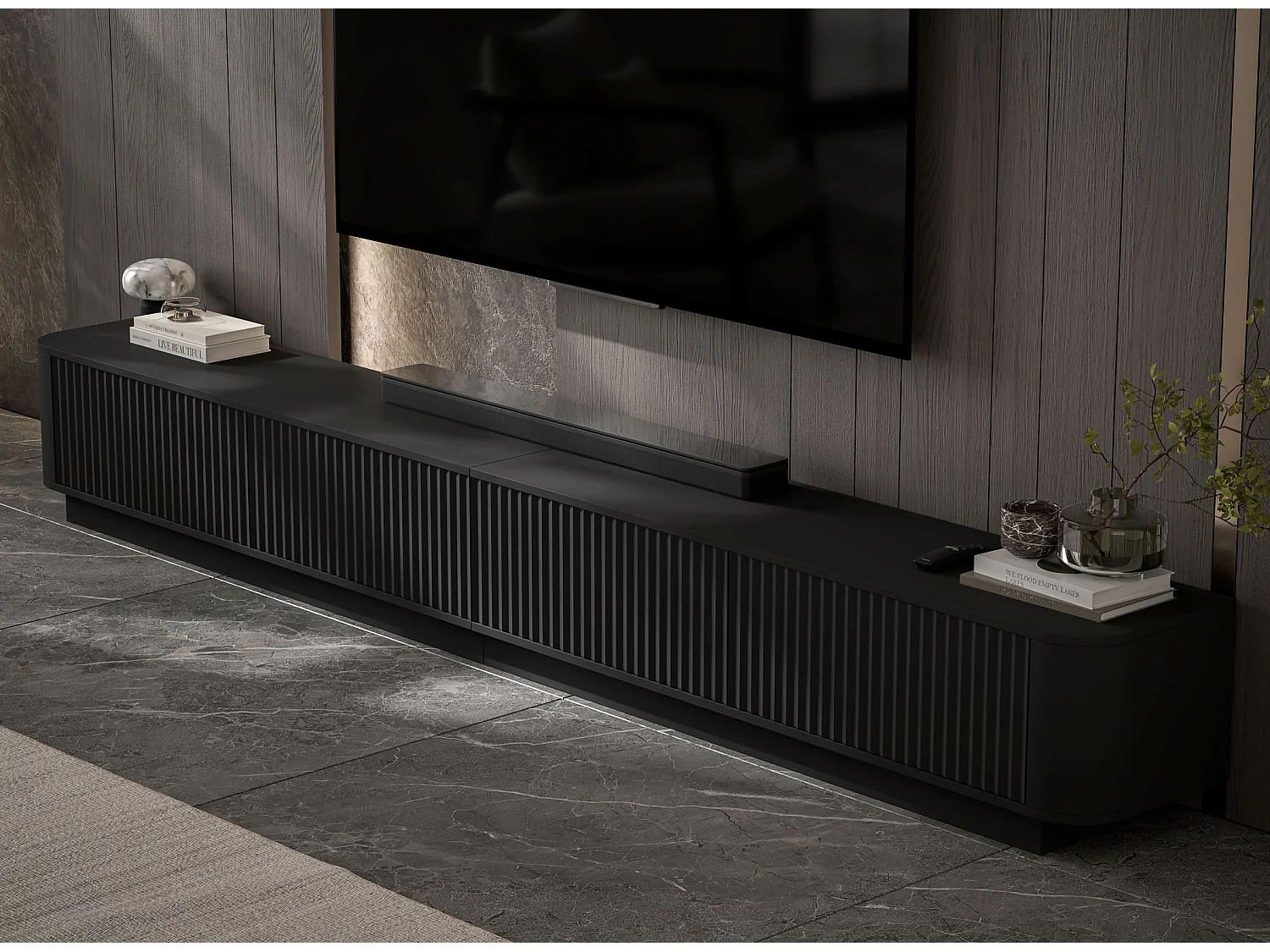 Mobile TV a 4 ante, frontali con rilievo, nero opaco, su zoccolo, 280 cm - AURORA