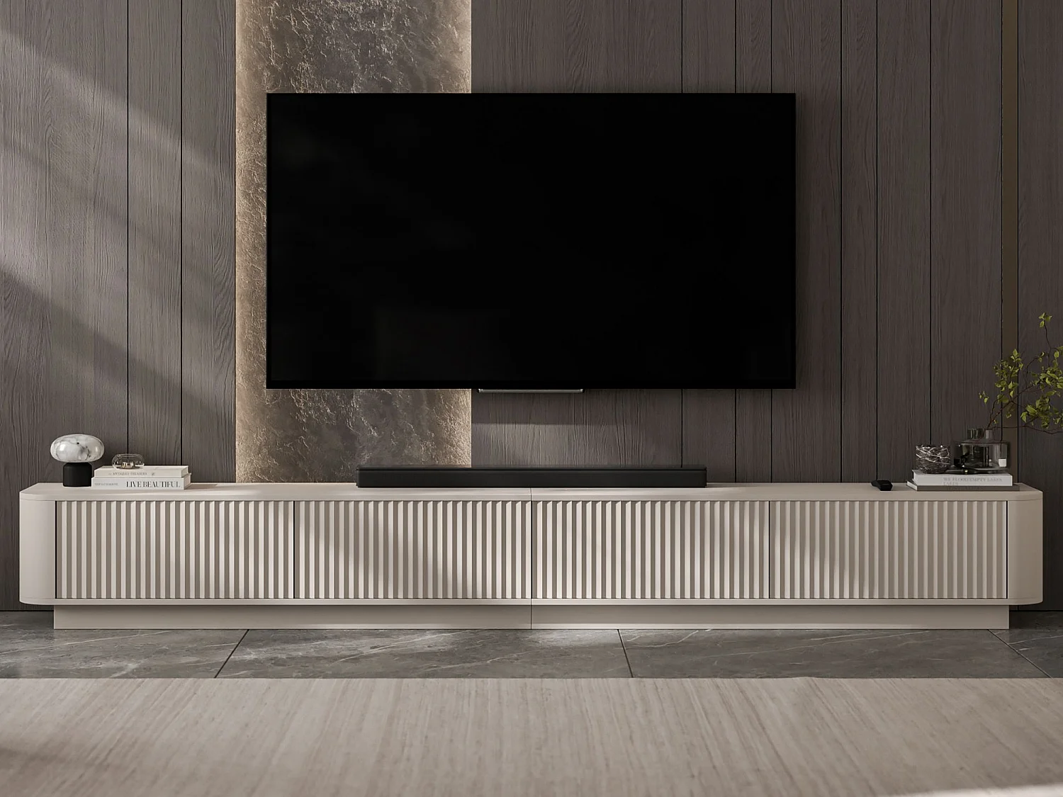 Mobile TV a 4 ante, frontali con rilievo, beige opaco, su zoccolo, 280 cm - AURORA