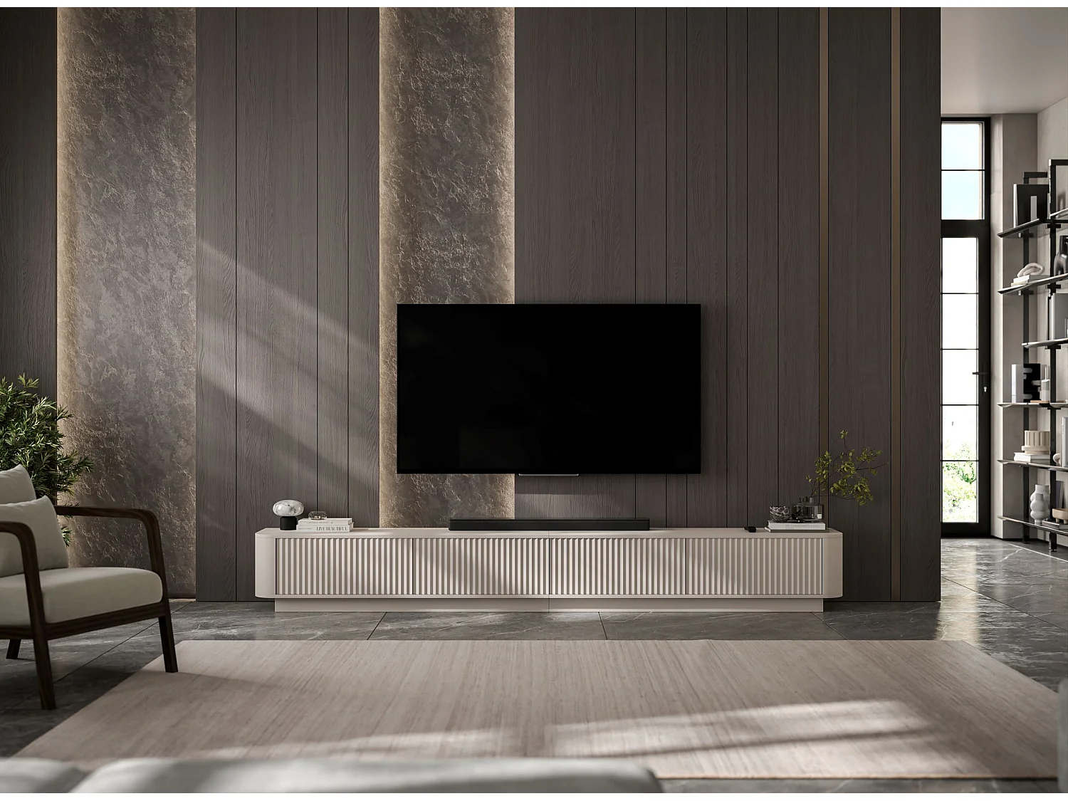 Mobile TV a 4 ante, frontali con rilievo, beige opaco, su zoccolo, 280 cm - AURORA