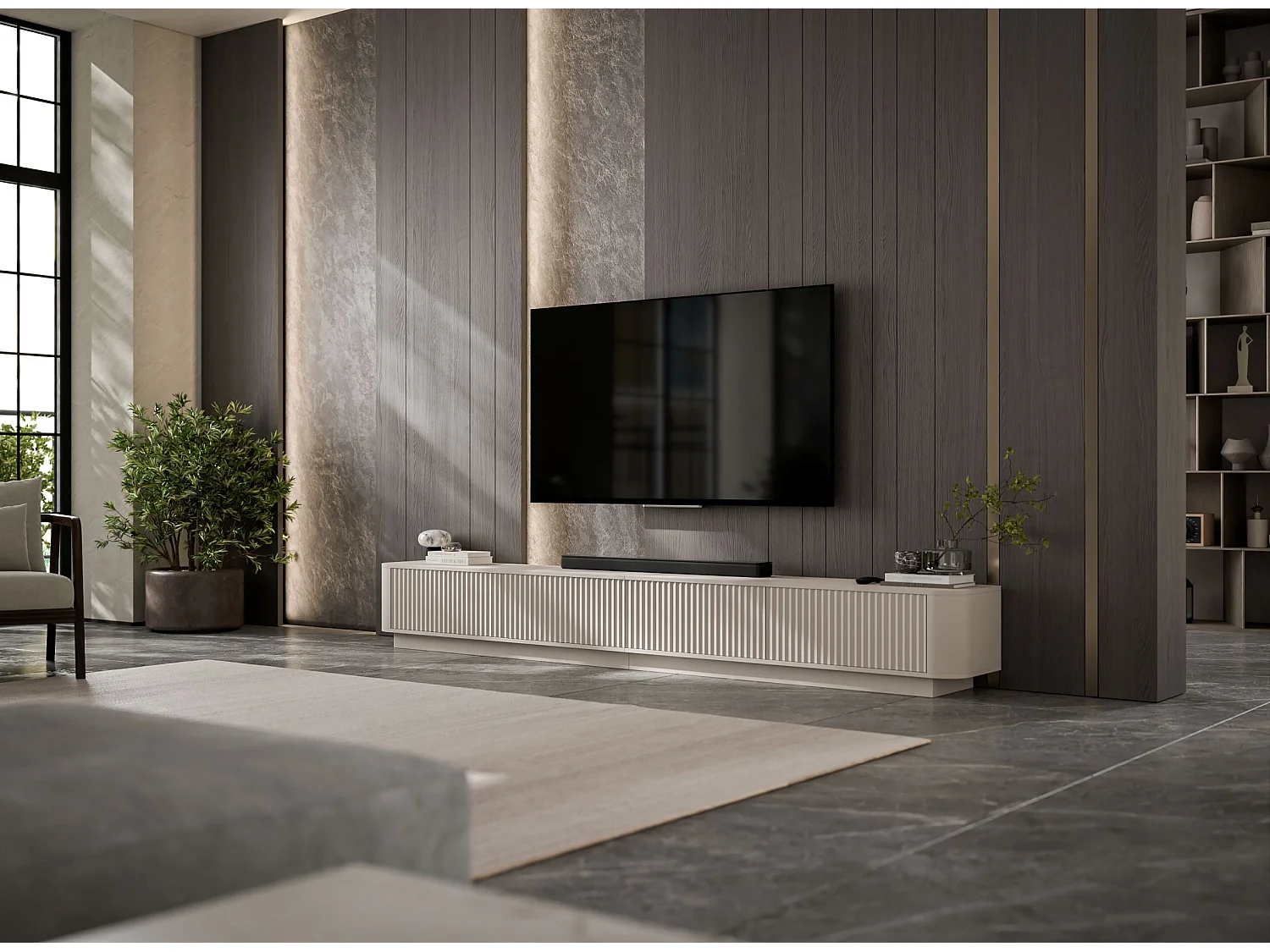Mobile TV a 4 ante, frontali con rilievo, beige opaco, su zoccolo, 280 cm - AURORA