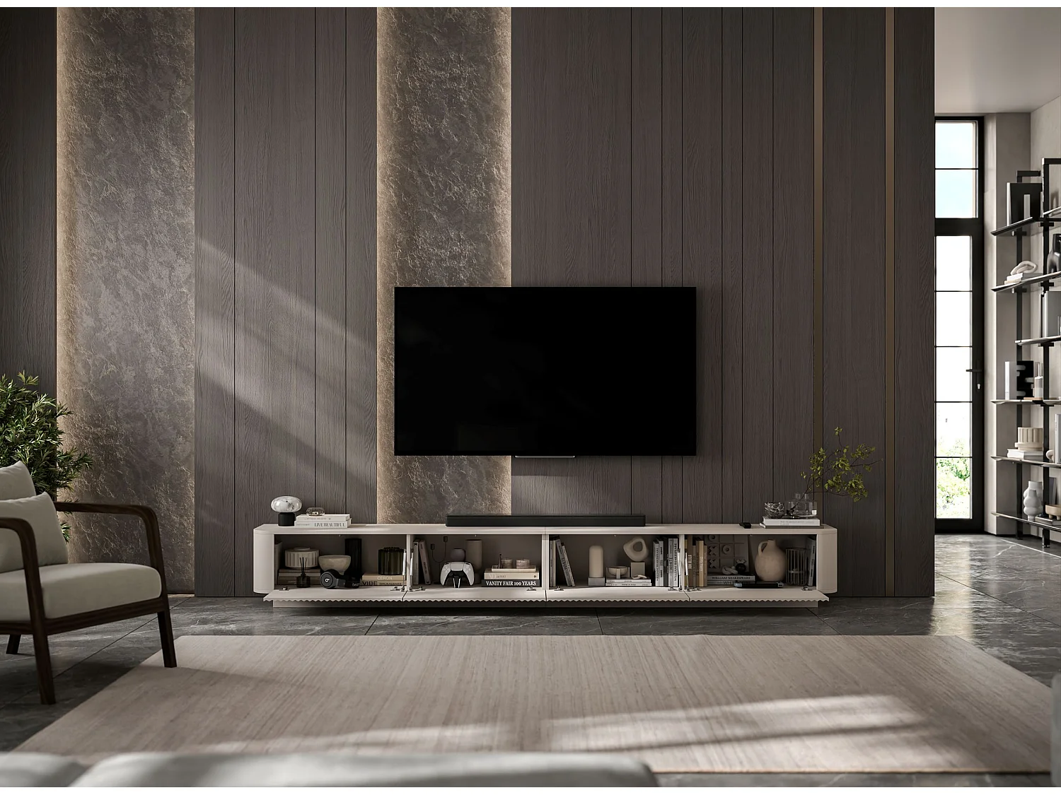 Mobile TV a 4 ante, frontali con rilievo, beige opaco, su zoccolo, 280 cm - AURORA