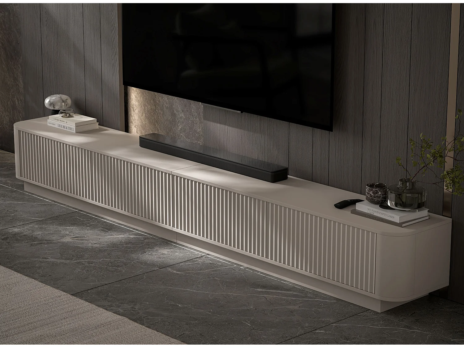Mobile TV a 4 ante, frontali con rilievo, beige opaco, su zoccolo, 280 cm - AURORA