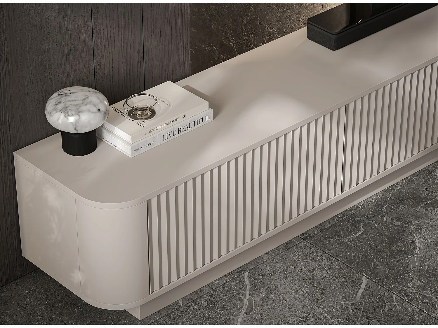 Mobile TV a 4 ante, frontali con rilievo, beige opaco, su zoccolo, 280 cm - AURORA