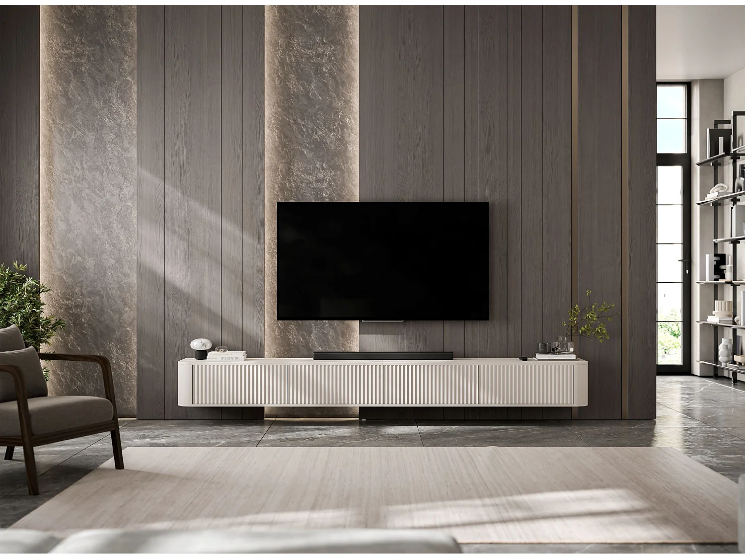 Mobile TV a 4 ante, frontali con rilievo, beige opaco, su zoccolo, 280 cm - AURORA