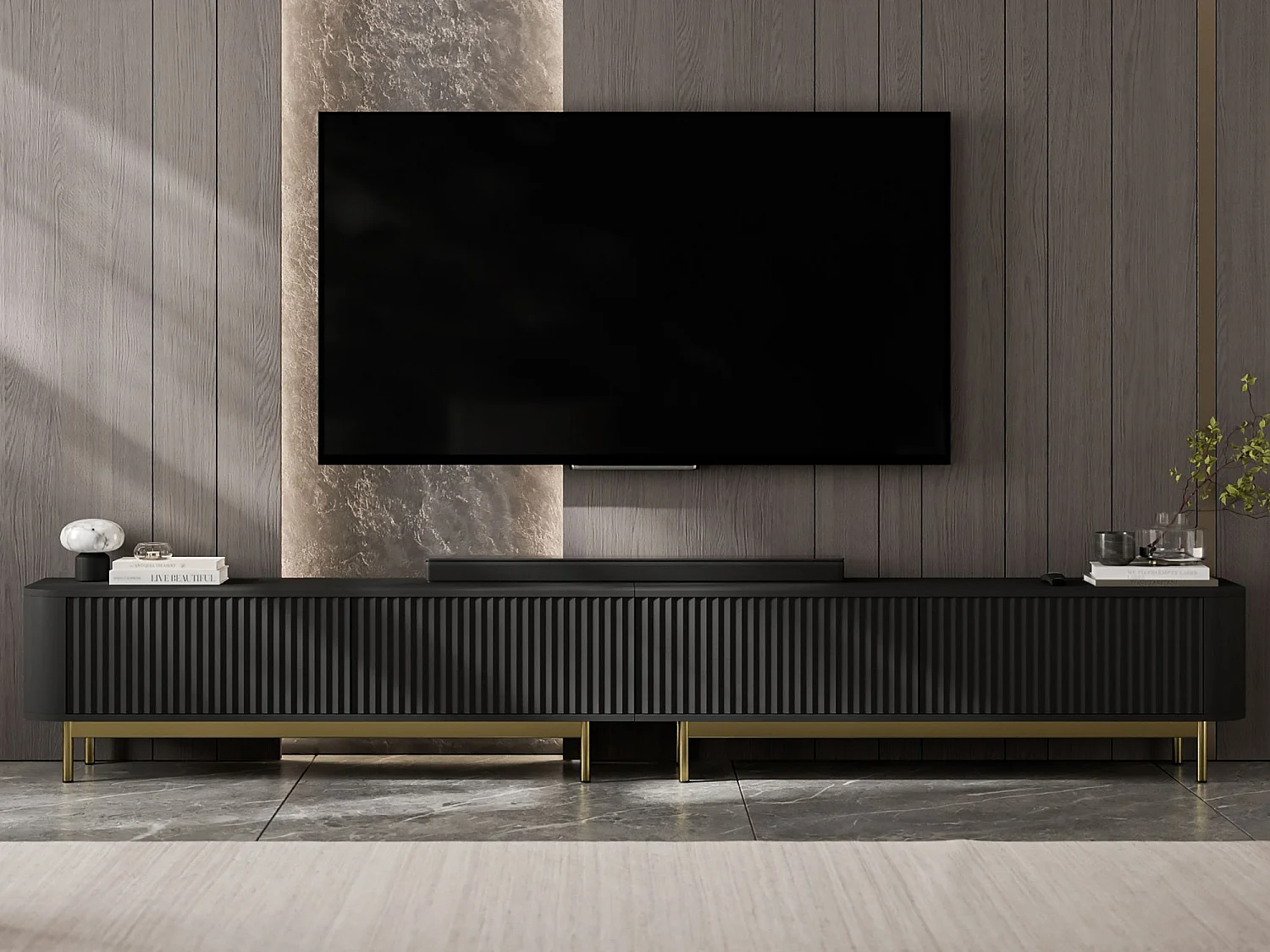Mueble de TV de 4 puertas, frentes con relieve, negro mate, patas de metal doradas, 280 cm - AURORA