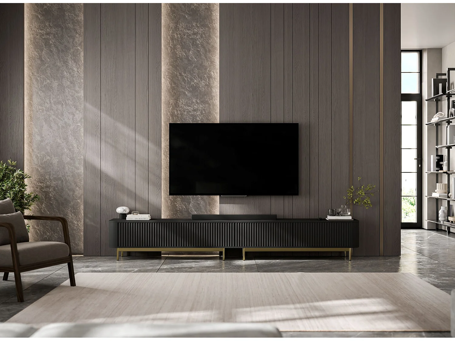 Mueble de TV de 4 puertas, frentes con relieve, negro mate, patas de metal doradas, 280 cm - AURORA
