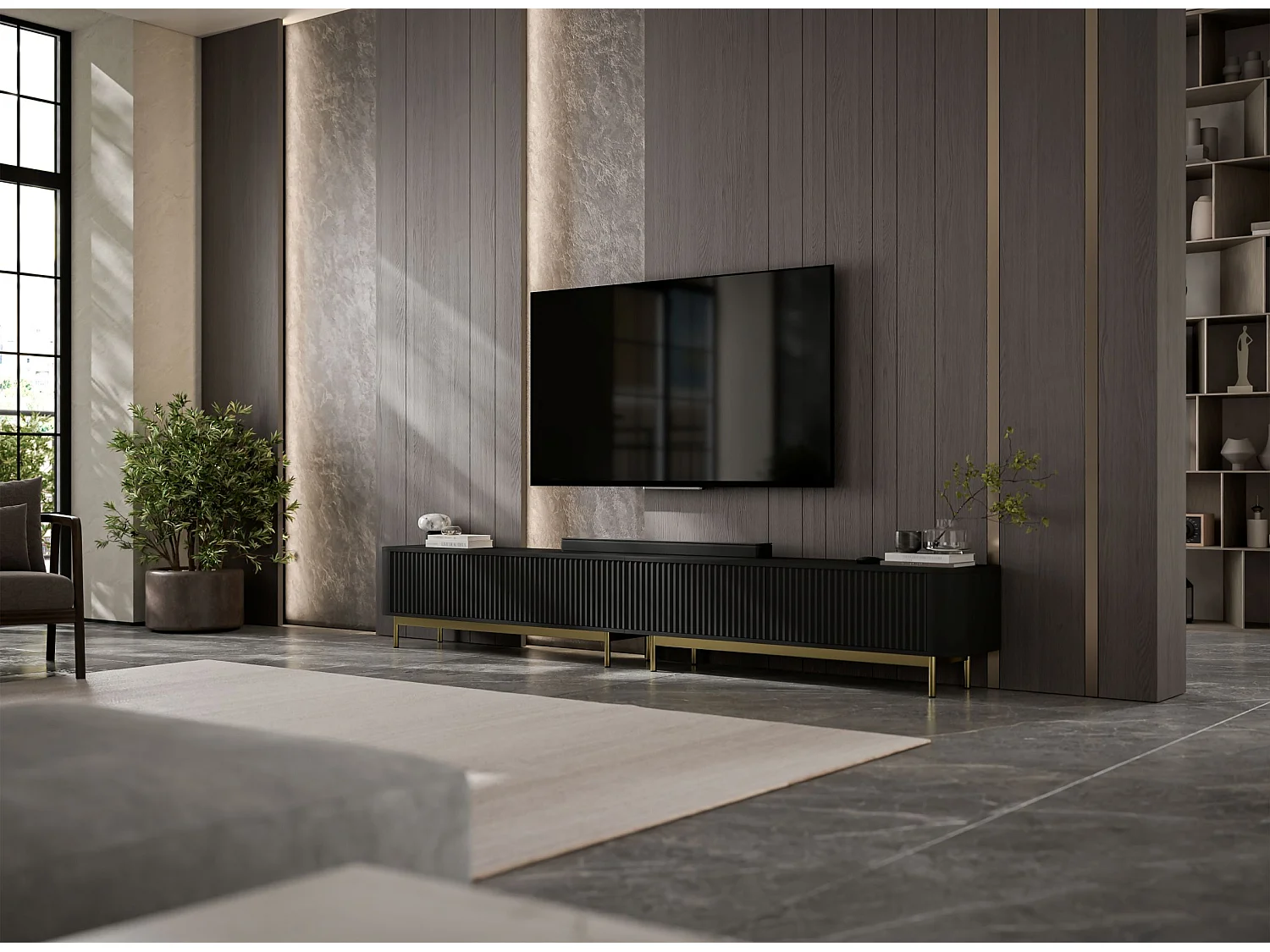 Mueble de TV de 4 puertas, frentes con relieve, negro mate, patas de metal doradas, 280 cm - AURORA