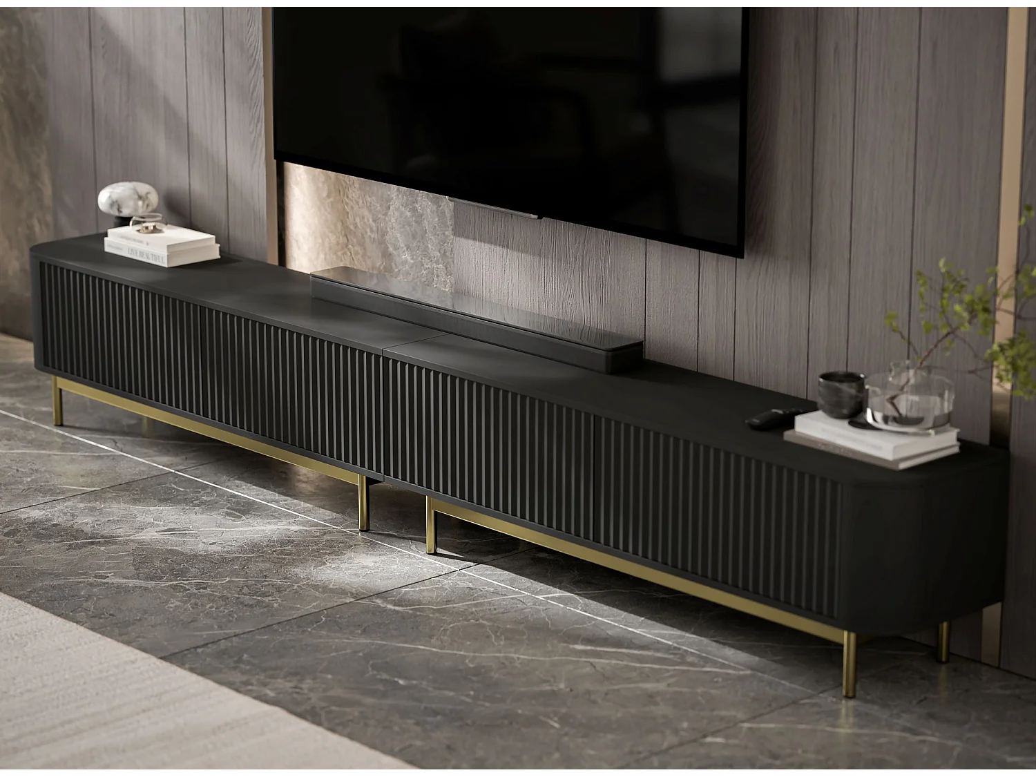 Mueble de TV de 4 puertas, frentes con relieve, negro mate, patas de metal doradas, 280 cm - AURORA