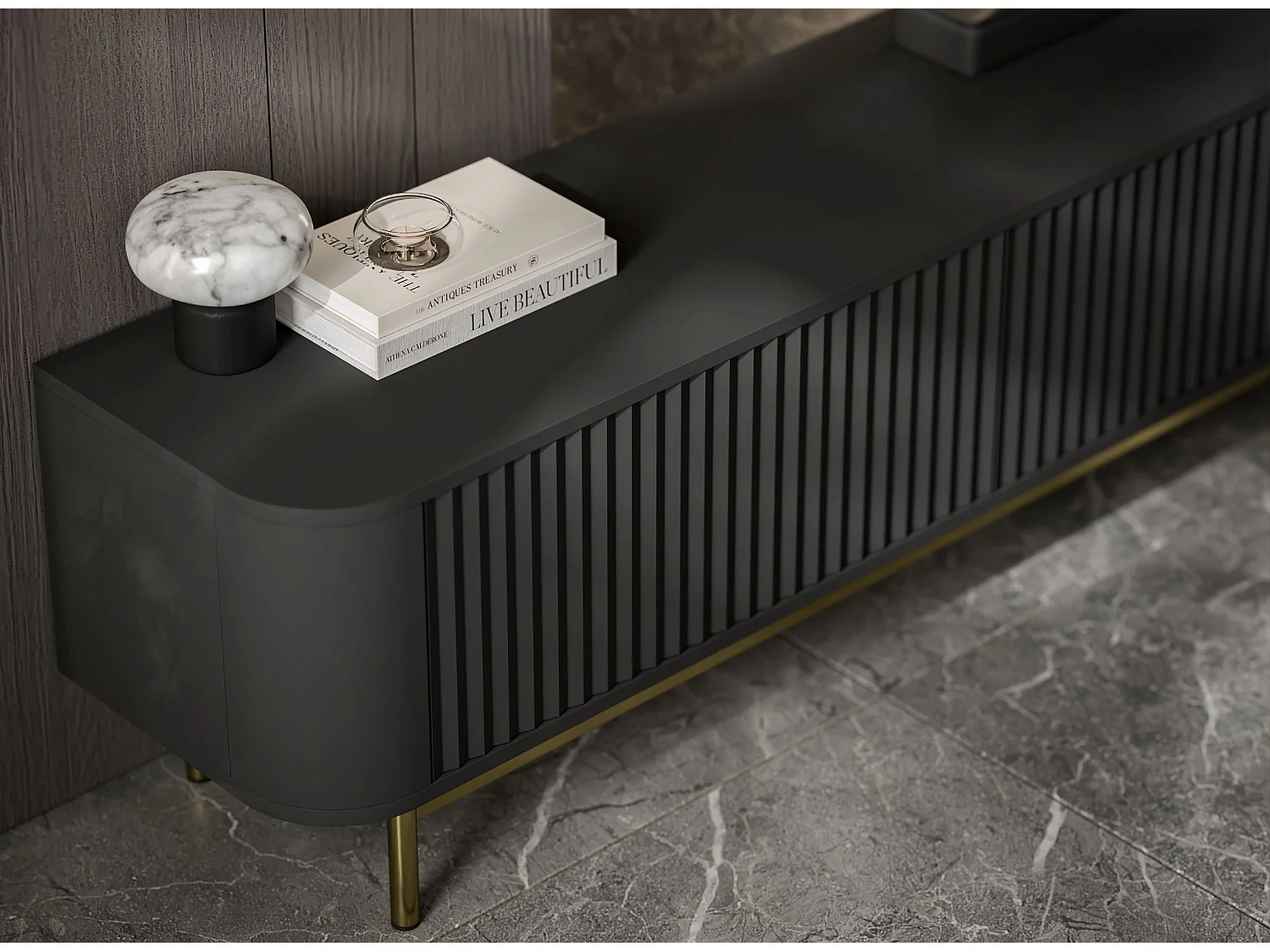 Mueble de TV de 4 puertas, frentes con relieve, negro mate, patas de metal doradas, 280 cm - AURORA