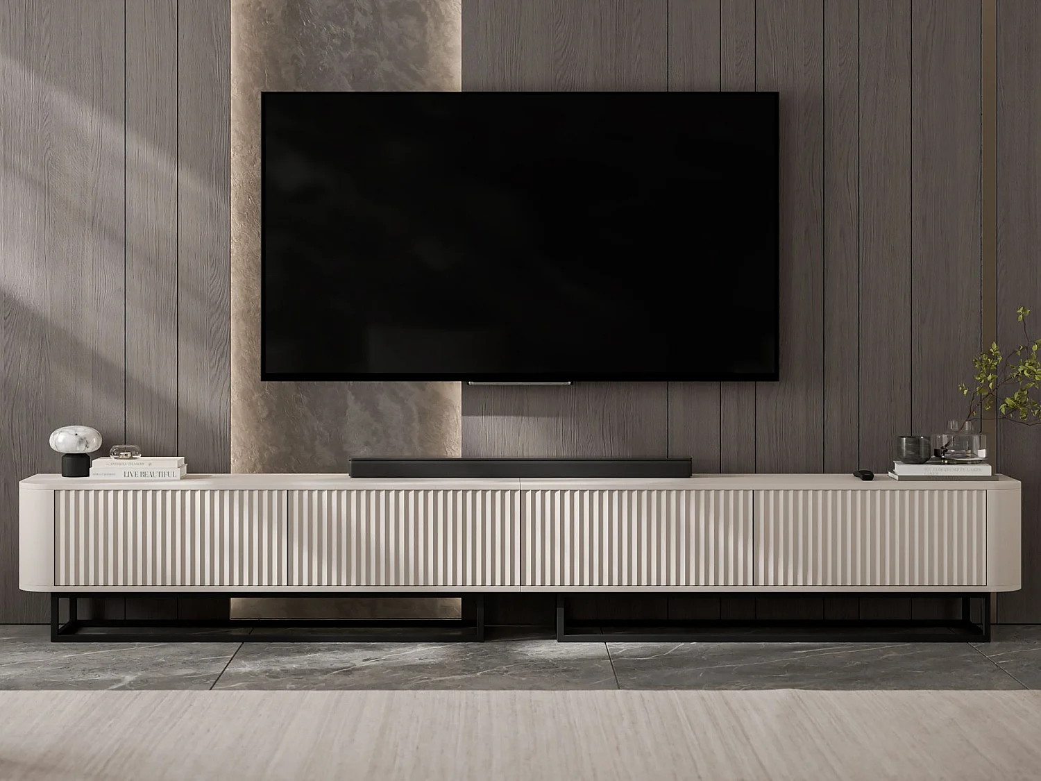 Móvel de TV com 4 portas, frentes em relevo, bege mate, pés em metal preto, 280 cm - AURORA