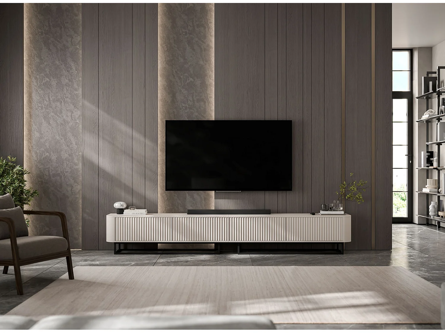 Móvel de TV com 4 portas, frentes em relevo, bege mate, pés em metal preto, 280 cm - AURORA