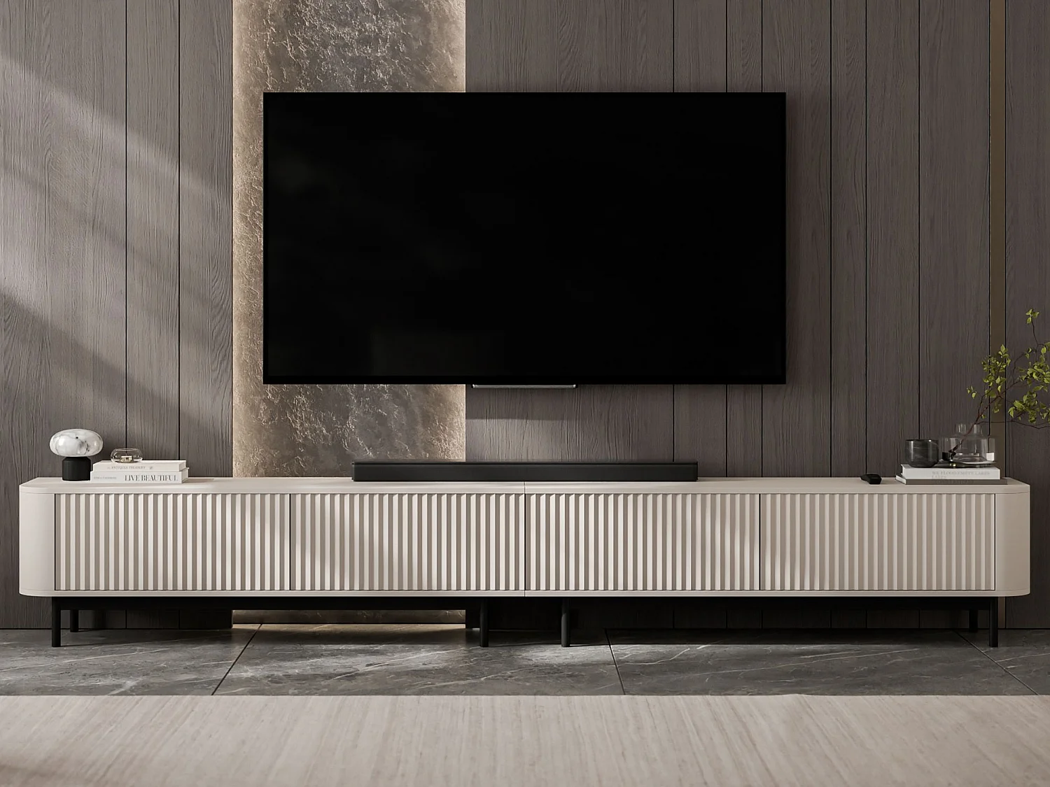 Mobile TV con 4 ante, frontali in rilievo, beige opaco, piedini in metallo nero, 280 cm - AURORA