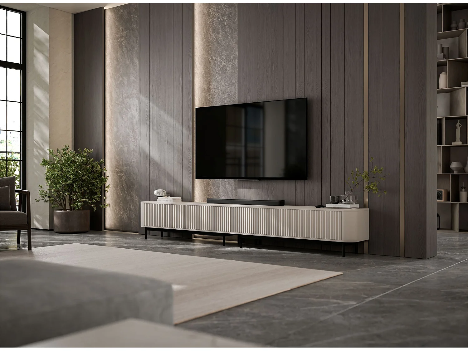 Mobile TV con 4 ante, frontali in rilievo, beige opaco, piedini in metallo nero, 280 cm - AURORA