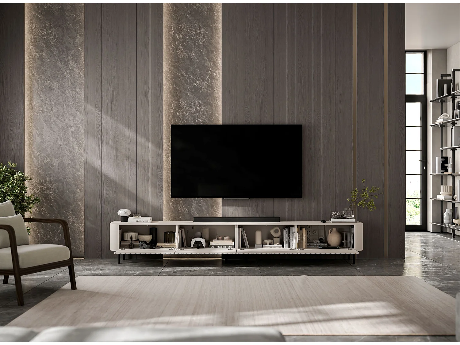 Mobile TV con 4 ante, frontali in rilievo, beige opaco, piedini in metallo nero, 280 cm - AURORA
