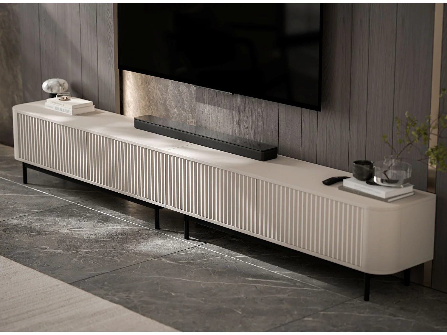 Mobile TV con 4 ante, frontali in rilievo, beige opaco, piedini in metallo nero, 280 cm - AURORA