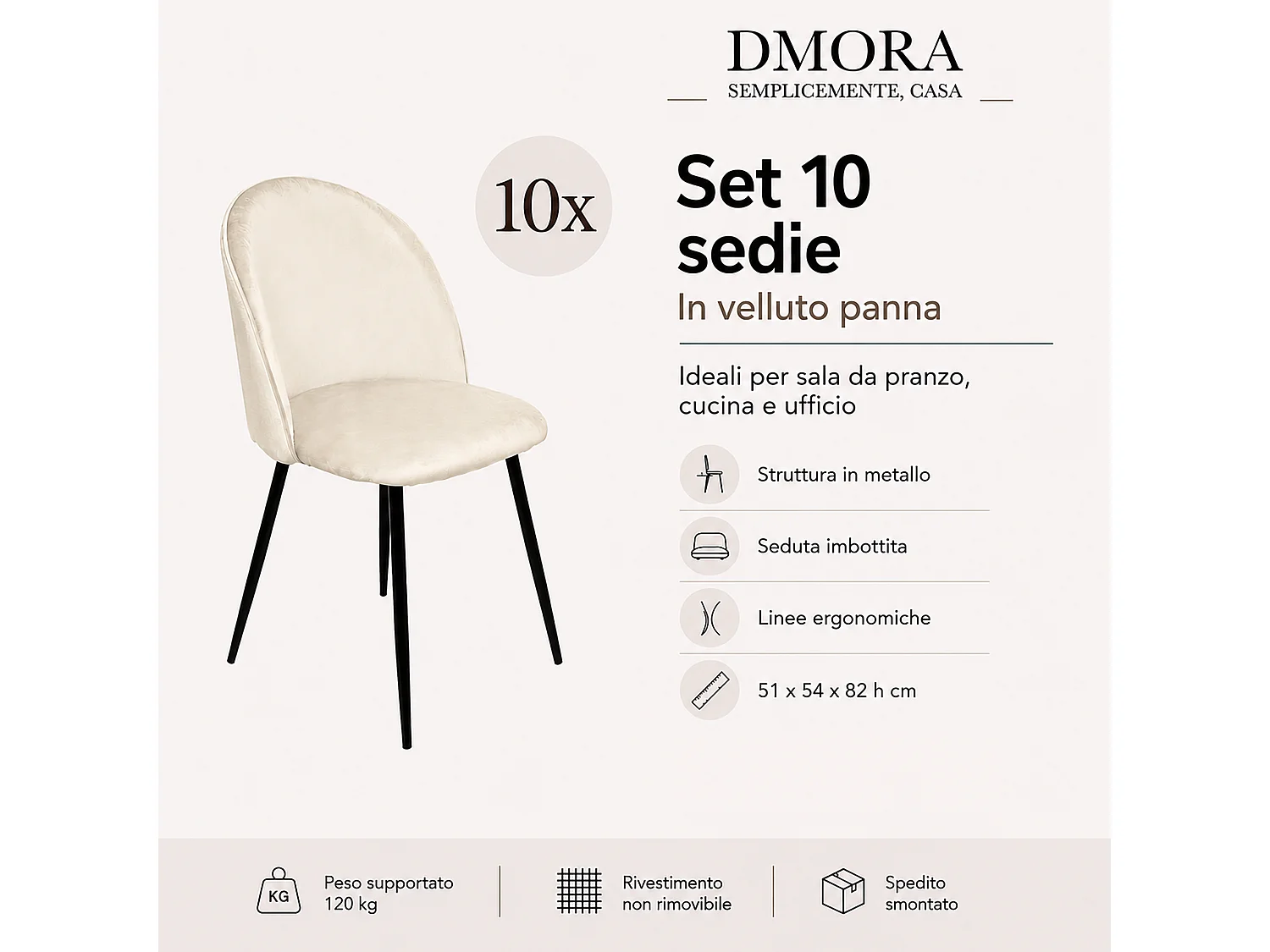 Chaise Achito, 10 chaises, Blanc Crème, Rembourrée, Poids Supporté 120 kg