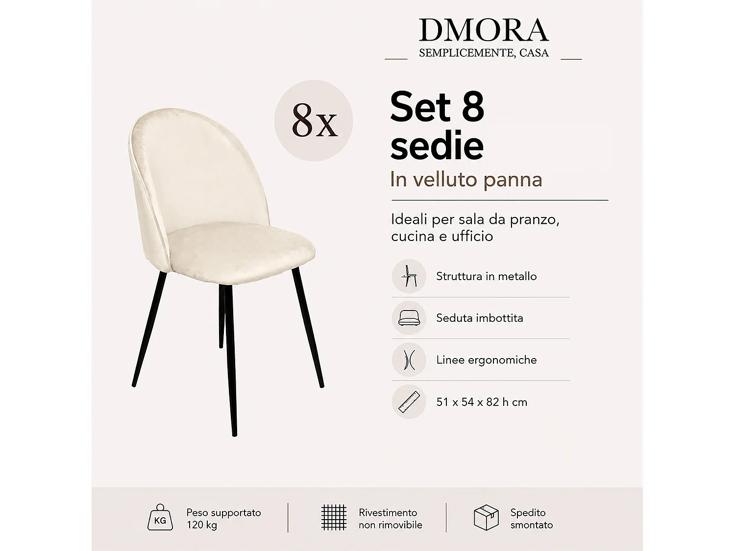Sedia Achito, 8 Sedie, Bianco Panna, Imbottito, Peso Supportato 120 kg