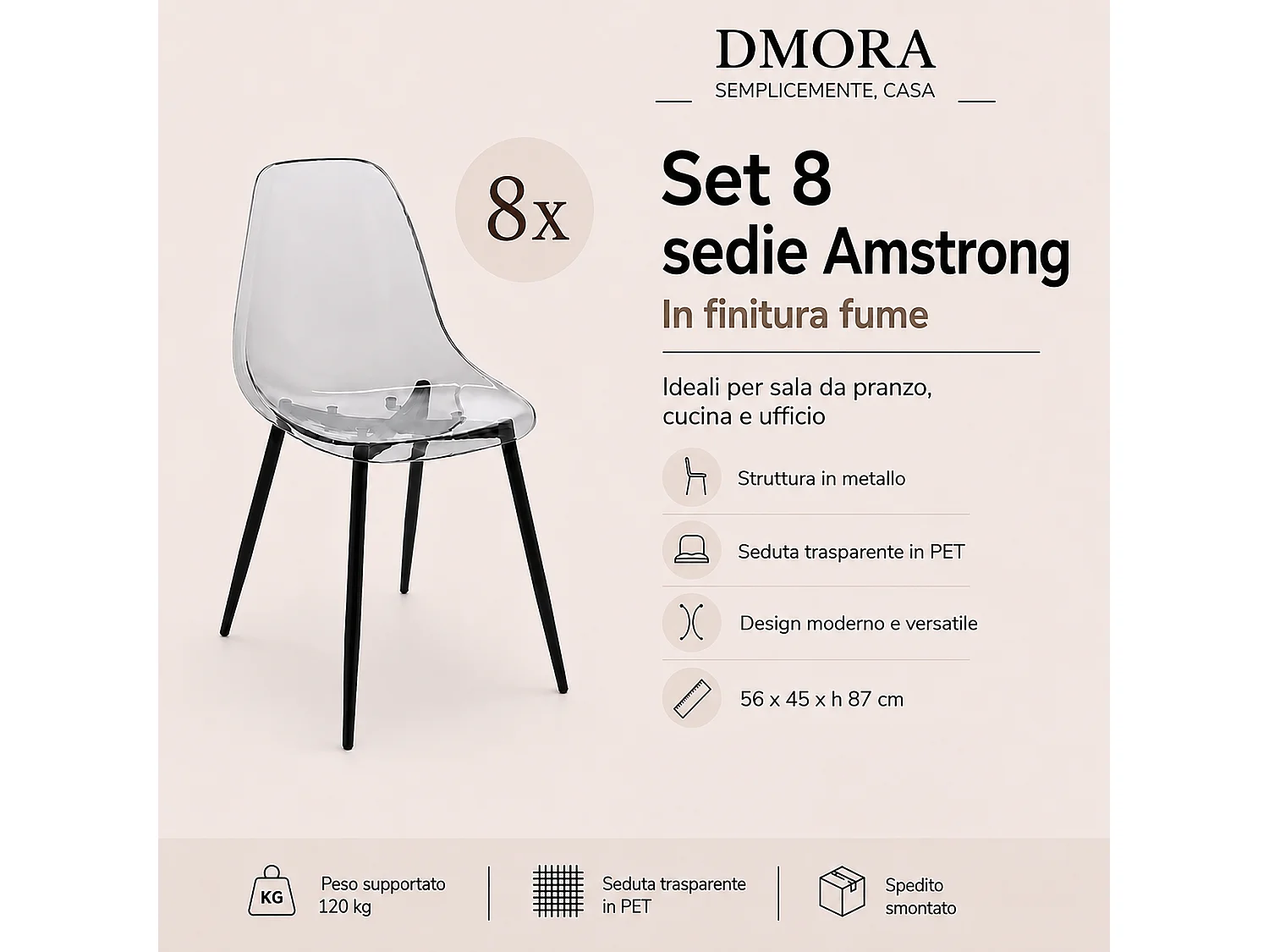 Sedia Amstrong, 8 Sedie, Grigio Fume, Peso Supportato 120 kg, Sfumatura Colore Struttura Fume