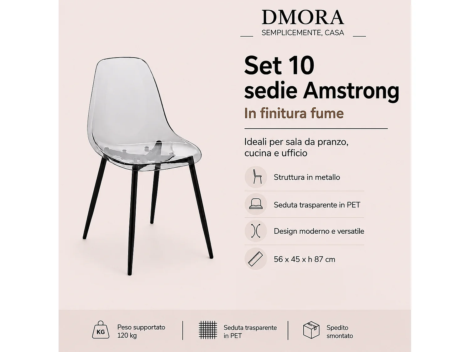 Sedia Amstrong, 10 Sedie, Grigio Fume, Peso Supportato 120 kg, Sfumatura Colore Struttura Fume