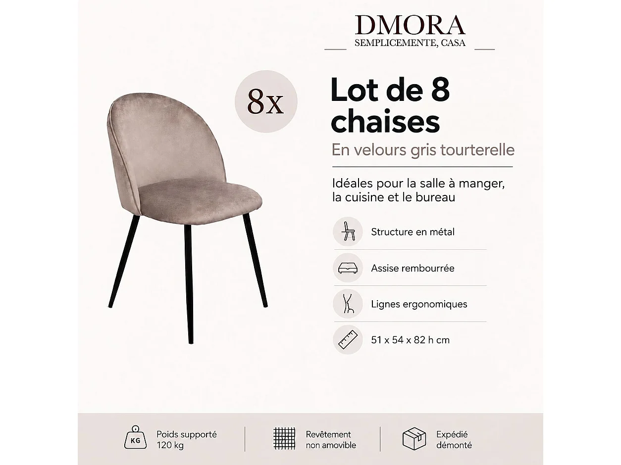 Sedia Achito, 8 Sedie, Grigio Tortora, Imbottito, Peso Supportato 120 kg