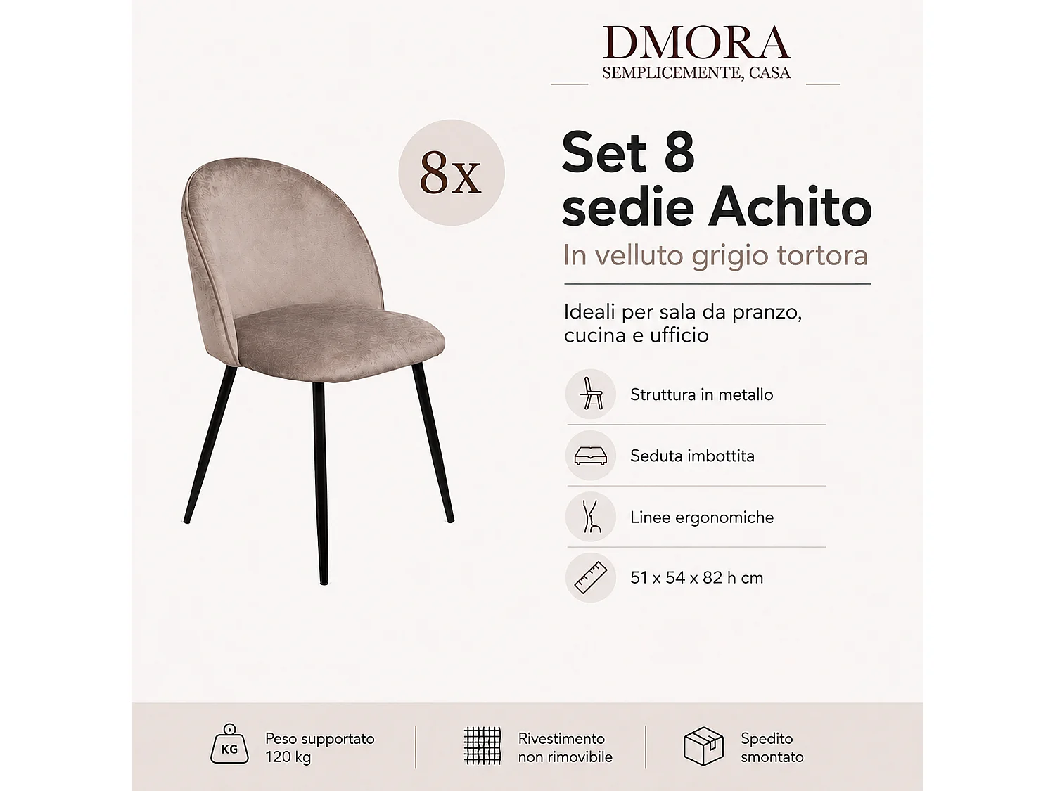 Sedia Achito, 8 Sedie, Grigio Tortora, Imbottito, Peso Supportato 120 kg