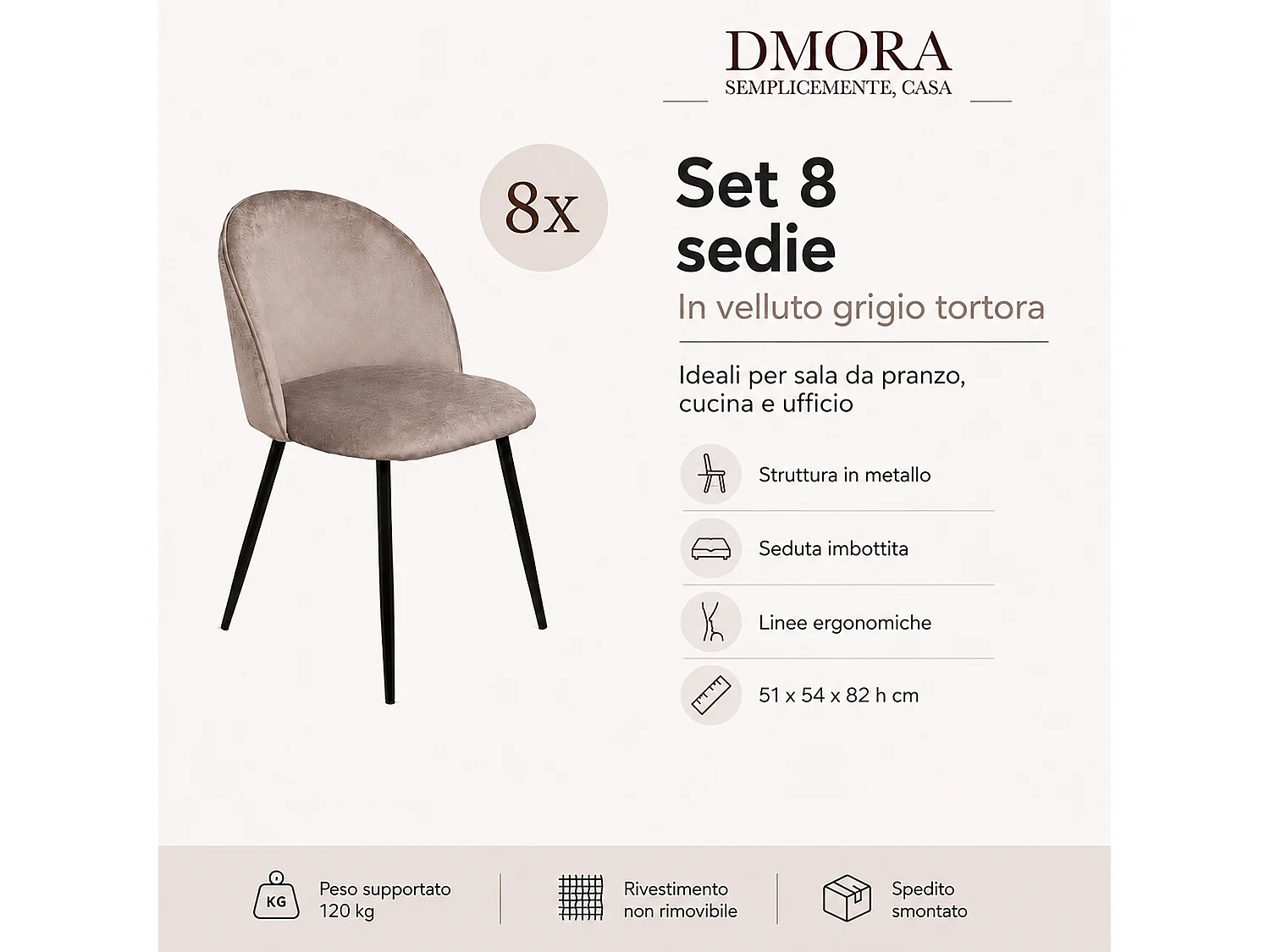 Sedia Achito, 8 Sedie, Grigio Tortora, Imbottito, Peso Supportato 120 kg