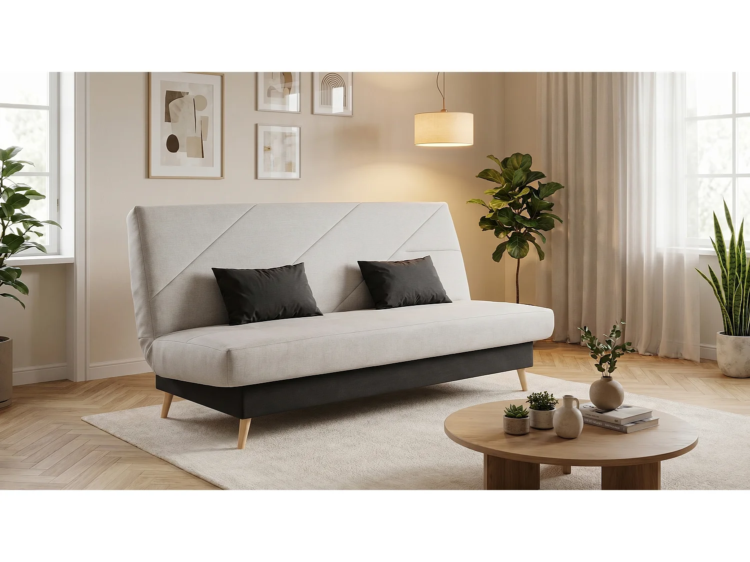 Banquette convertible ZEPHIR clic clac, couchage 130x190, avec 2 coussins OFFERTS, Aba perle