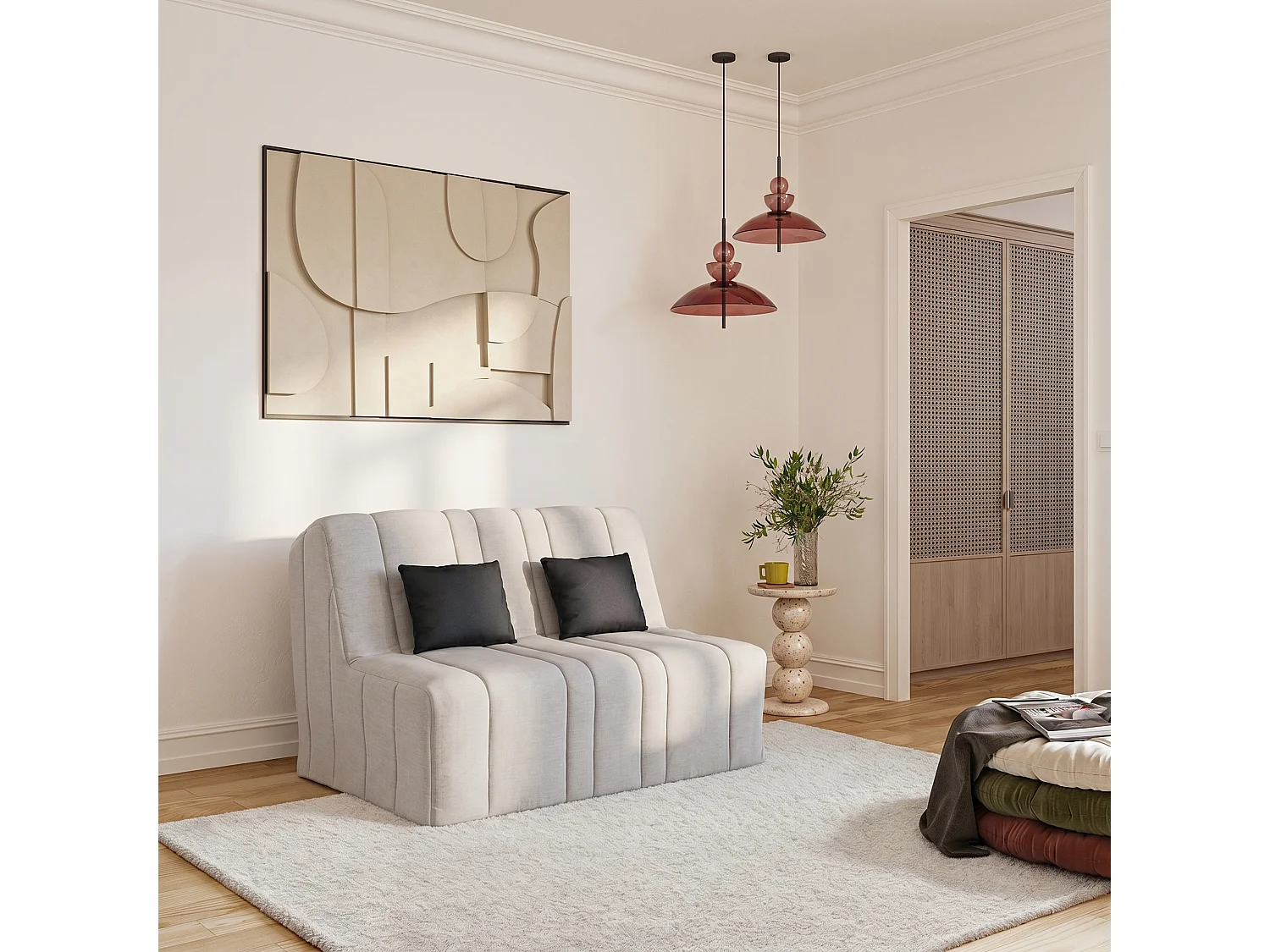 Banquette convertible NEA BZ, couchage 160x200, avec 2 coussins OFFERTS, Aba perle