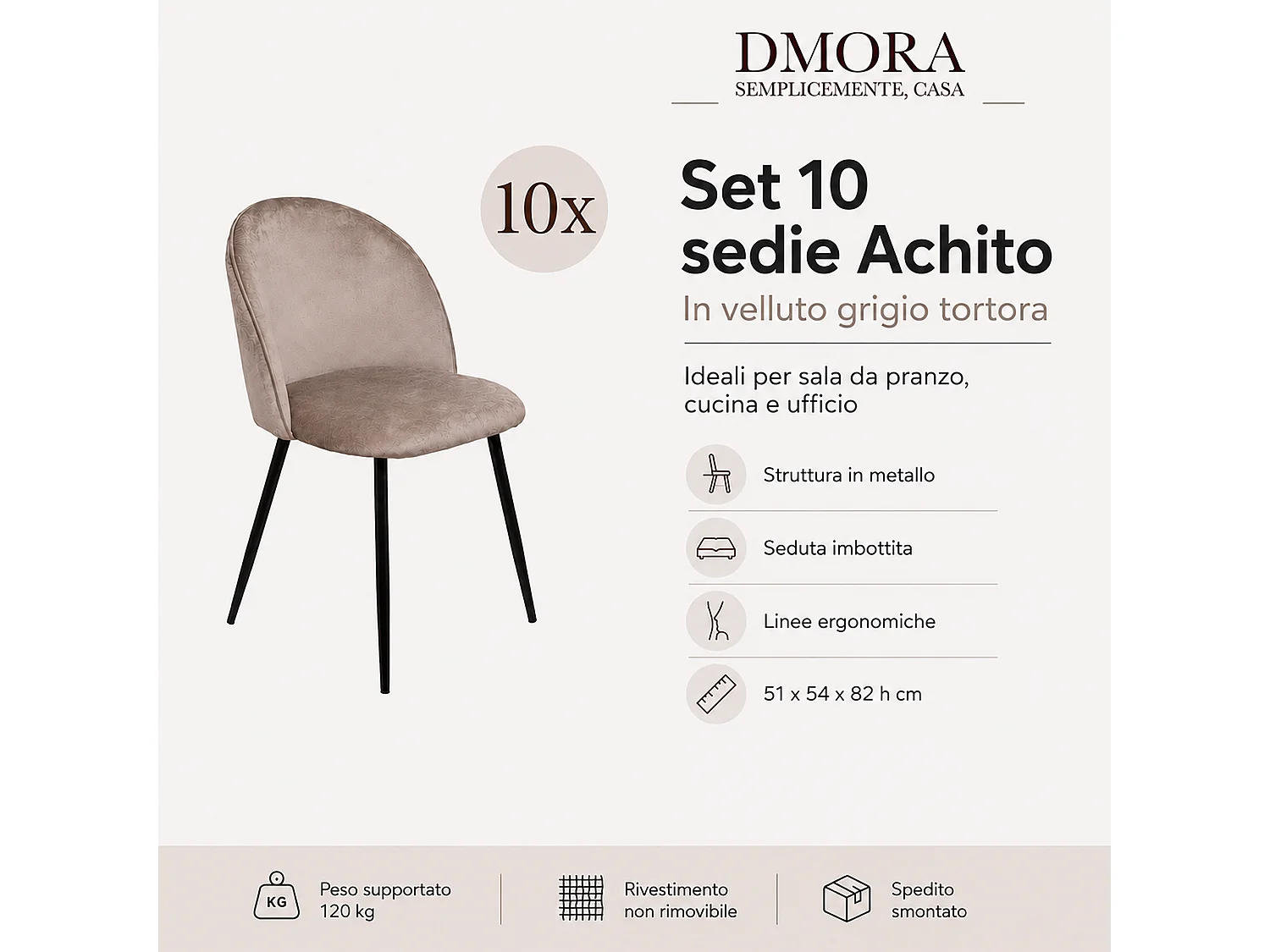 Sedia Achito, 10 Sedie, Grigio Tortora, Imbottito, Peso Supportato 120 kg