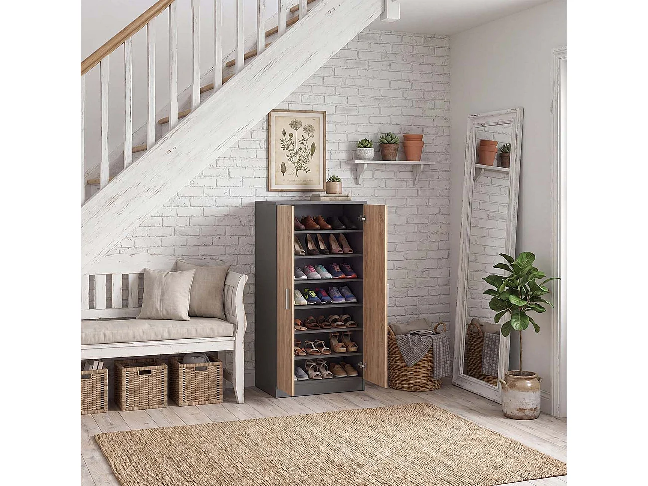 Zapatero de 2 puertas en gris grafito y roble canadian 55x108 cm Liam Gris Grafito - Roble Canadian
