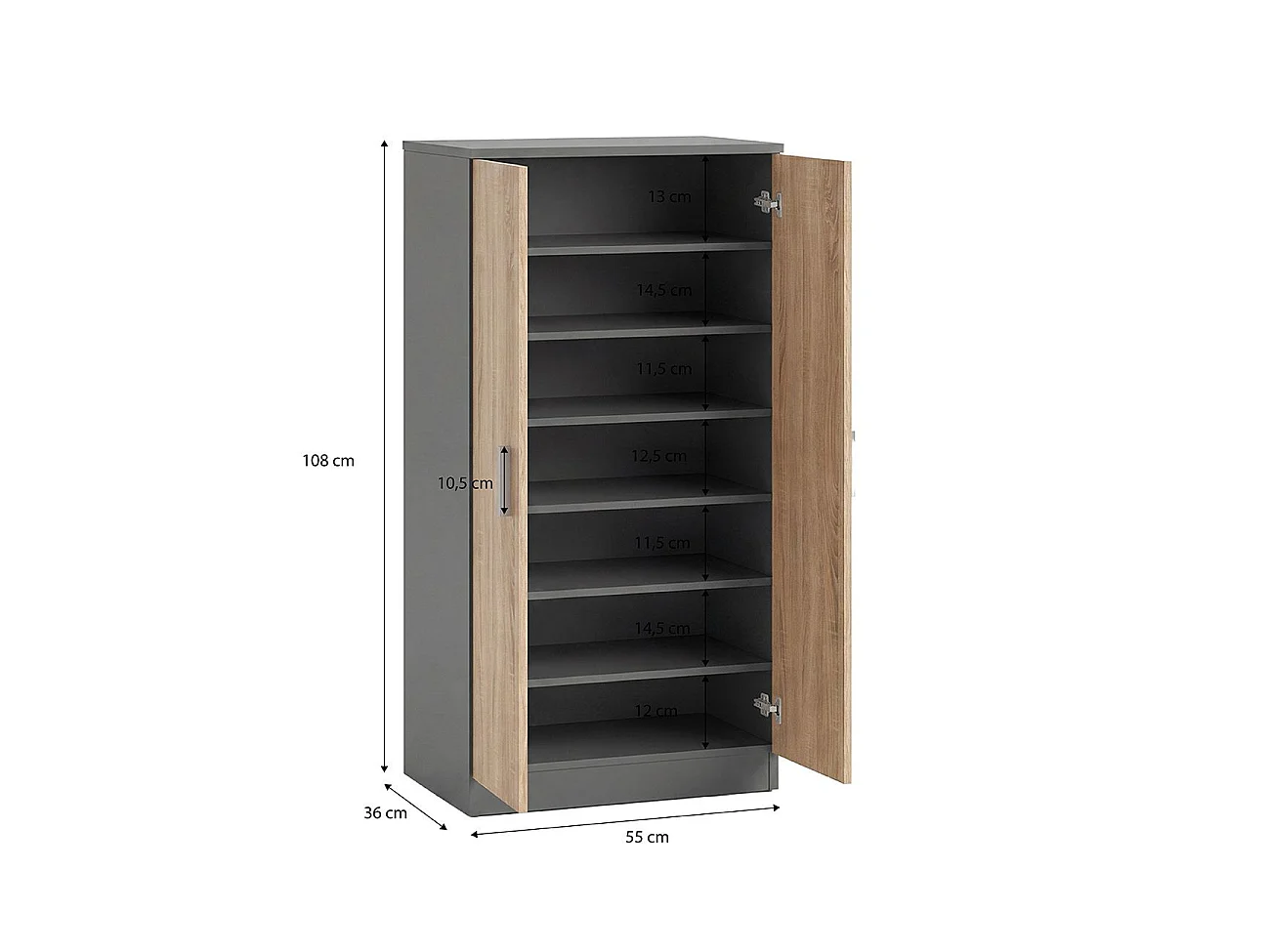 Zapatero de 2 puertas en gris grafito y roble canadian 55x108 cm Liam Gris Grafito - Roble Canadian