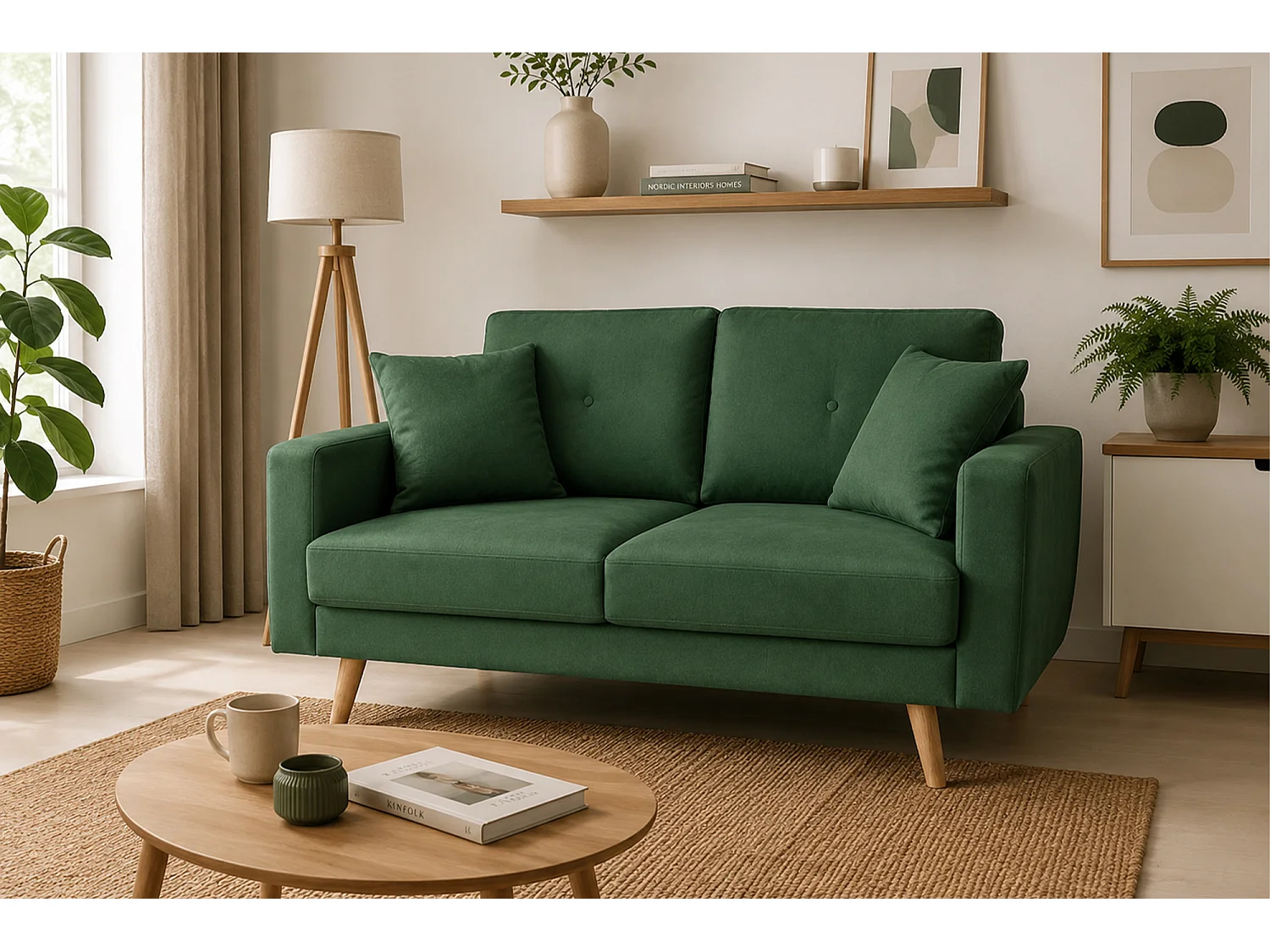 Divano 2 posti in tessuto vellutato verde abete piedi in legno – Chloe