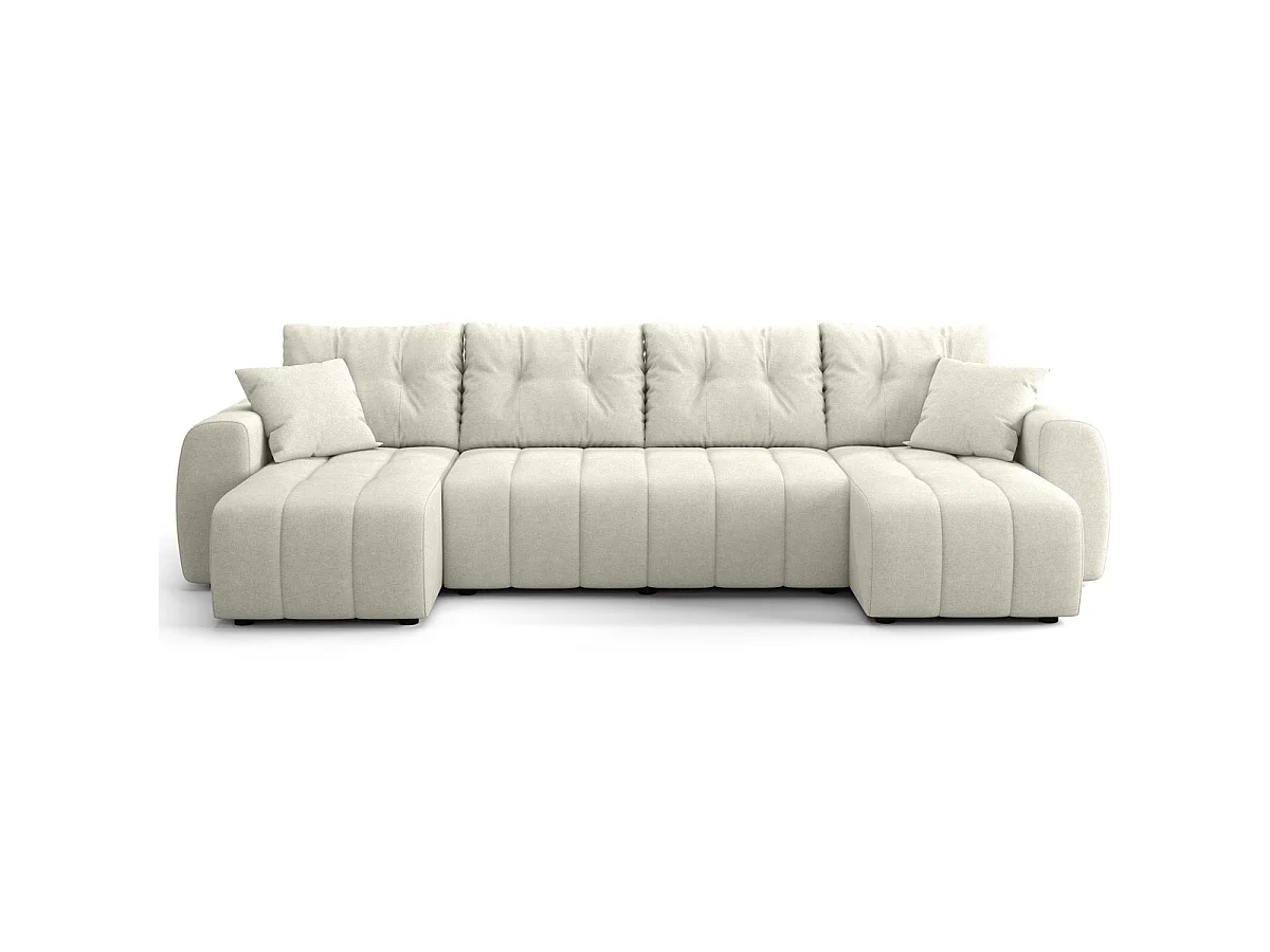 Canapé panoramique convertible 6 places en tissu chenille beige - Alba