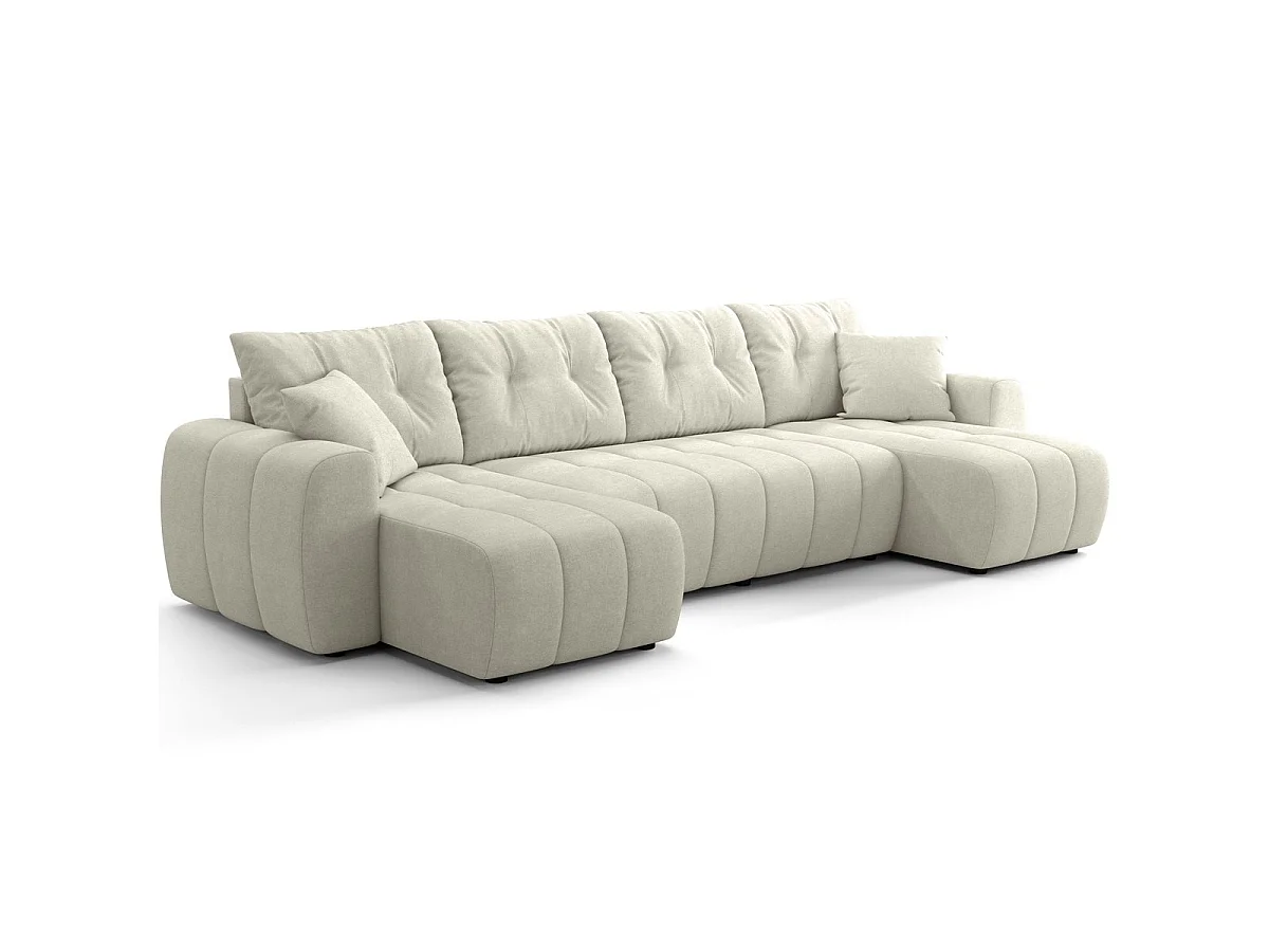 Canapé panoramique convertible 6 places en tissu chenille beige - Alba