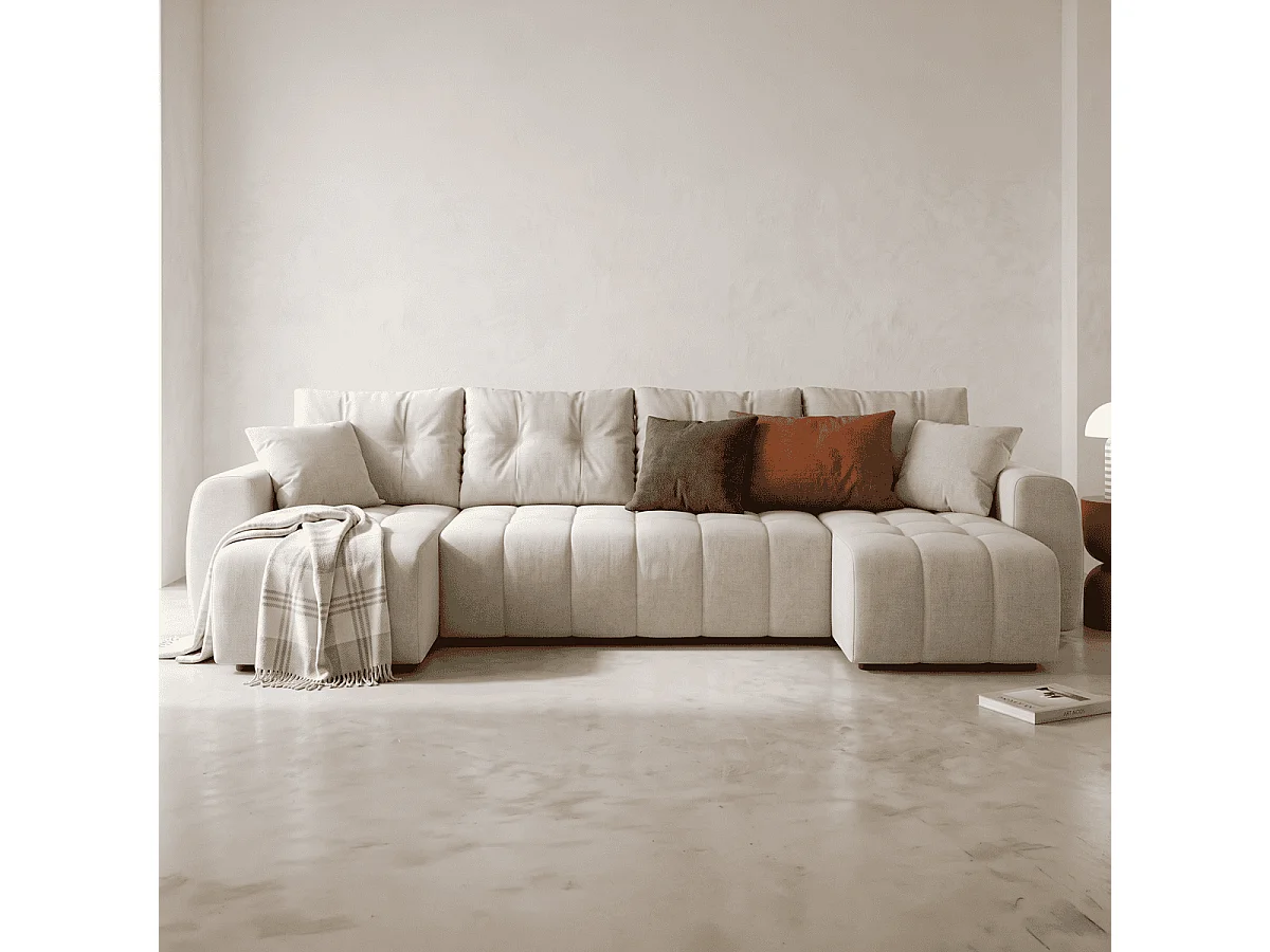 Canapé panoramique convertible 6 places en tissu chenille beige - Alba