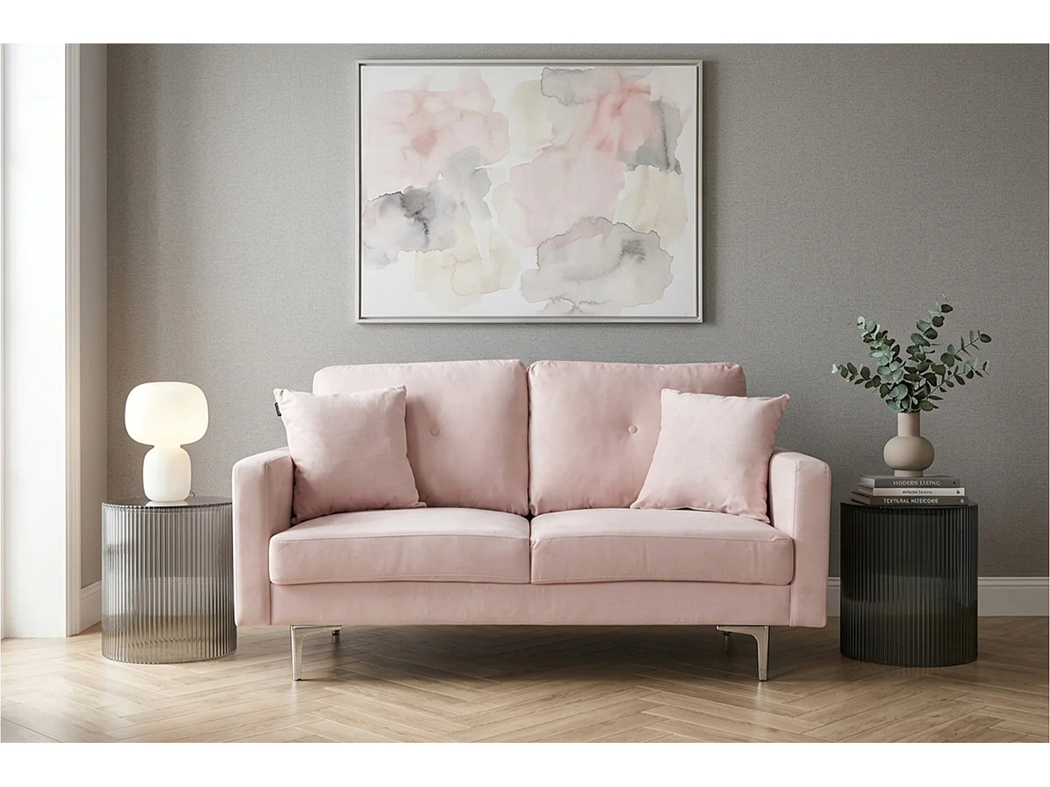 Divano 2 posti in velluto rosa piedi in metallo – Chloe