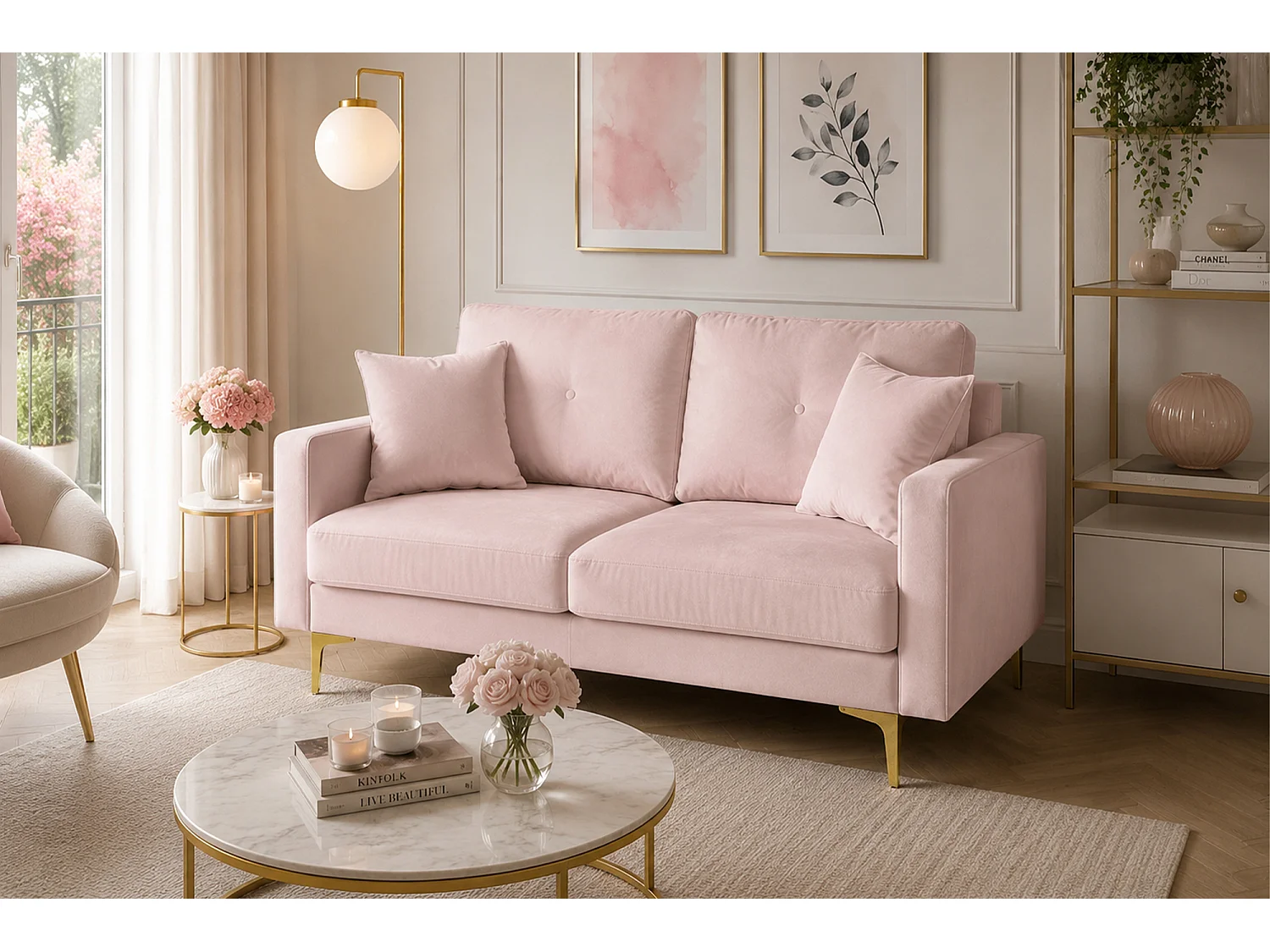 Divano 2 posti in velluto rosa piedi in metallo dorato – Chloe