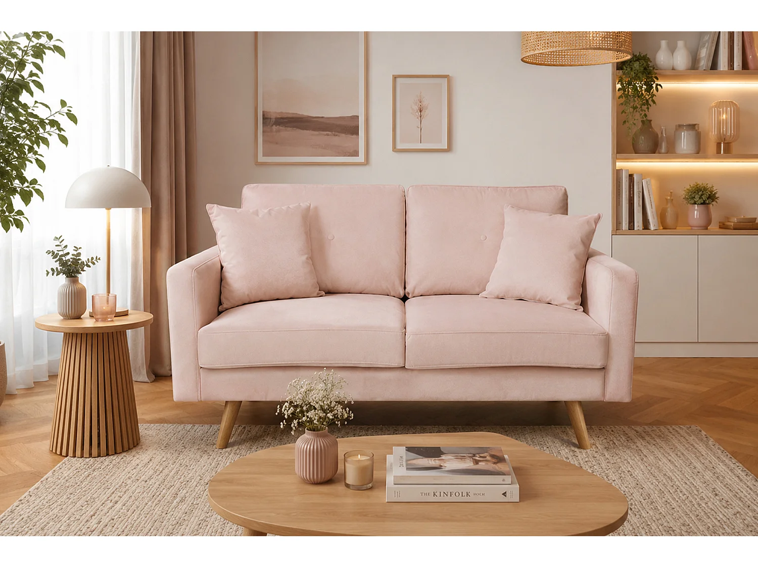 Divano 2 posti in velluto rosa piedi in legno – Chloe