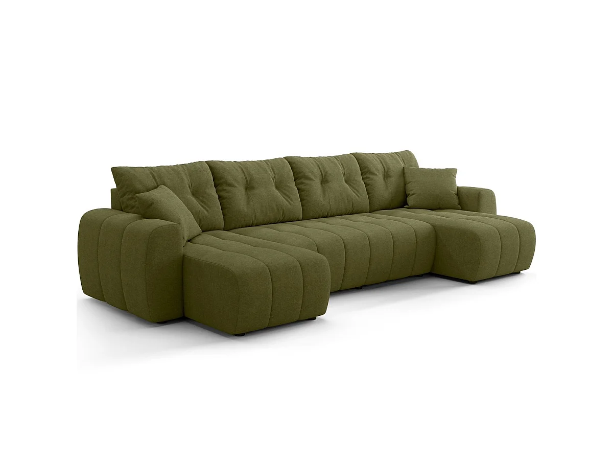 Canapé panoramique convertible 6 places en tissu chenille vert olive - Alba